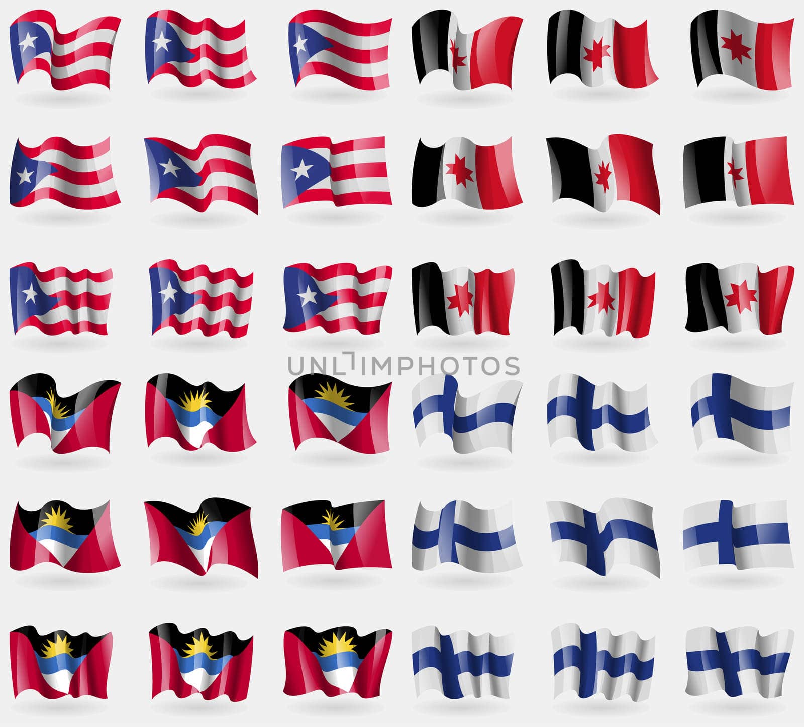 Puerto Rico, Udmurtia, Antigua and Barbuda, Finland. Set of 36 flags of the countries of the world. illustration