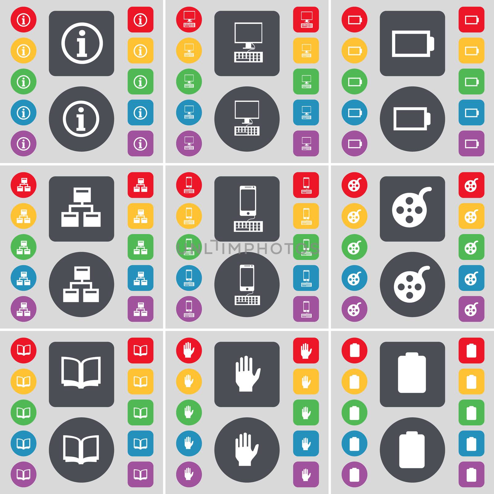 Information, PC, Battery, Network, Smartphone, Videotape, Book, Hand, Battery icon symbol. A large set of flat, colored buttons for your design. illustration