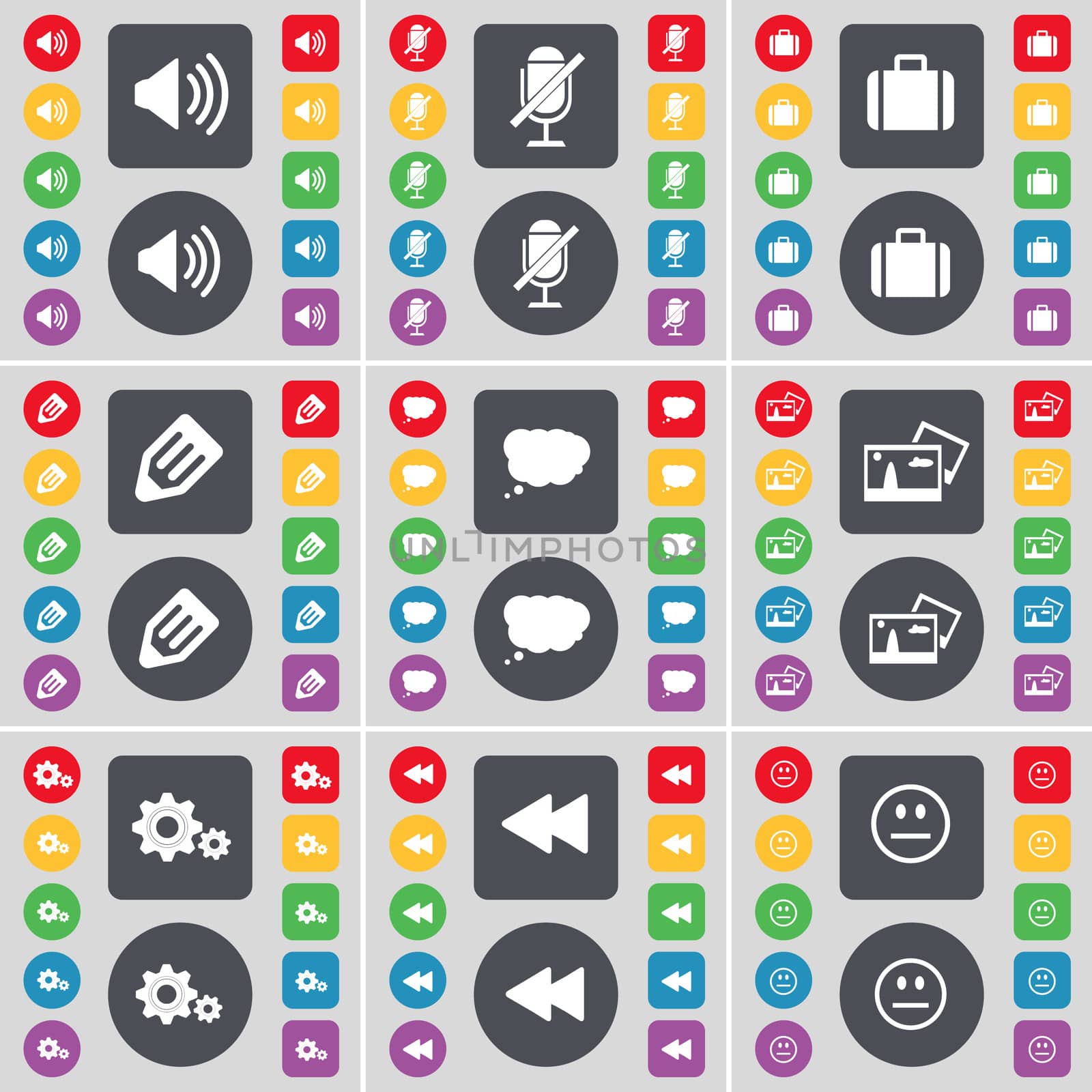 Sound, Microphone, Suitcase, Pencil, Chat cloud, Picture, Gear, Rewind, Smile icon symbol. A large set of flat, colored buttons for your design. illustration