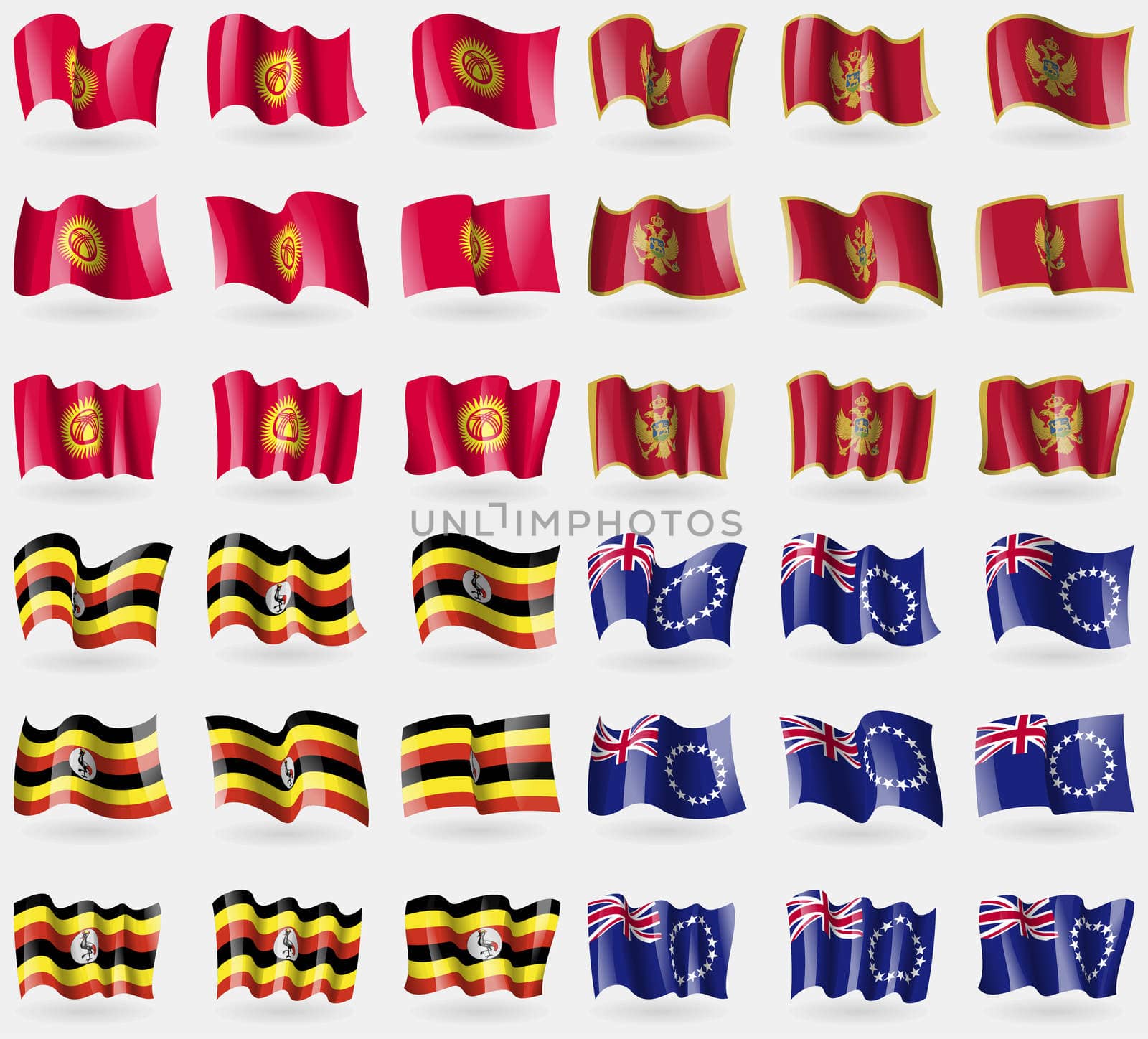 Kyrgyzstan, Montenegro, Uganda, Cook Islands. Set of 36 flags of the countries of the world. illustration