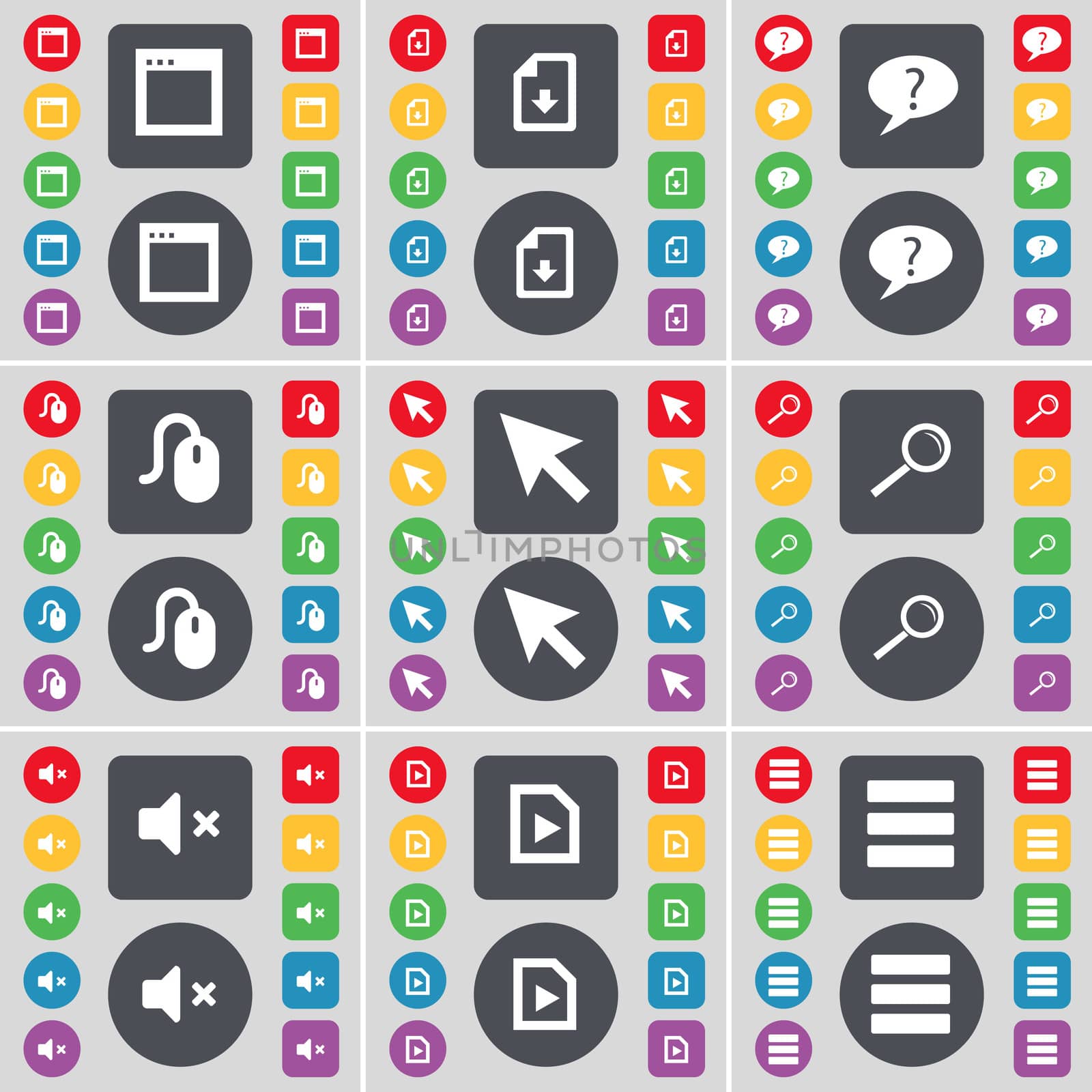 Window, Dowload file, Chat bubble, Mouse, Cursor, Magnifying glass, Mute, Media file, Apps icon symbol. A large set of flat, colored buttons for your design. illustration
