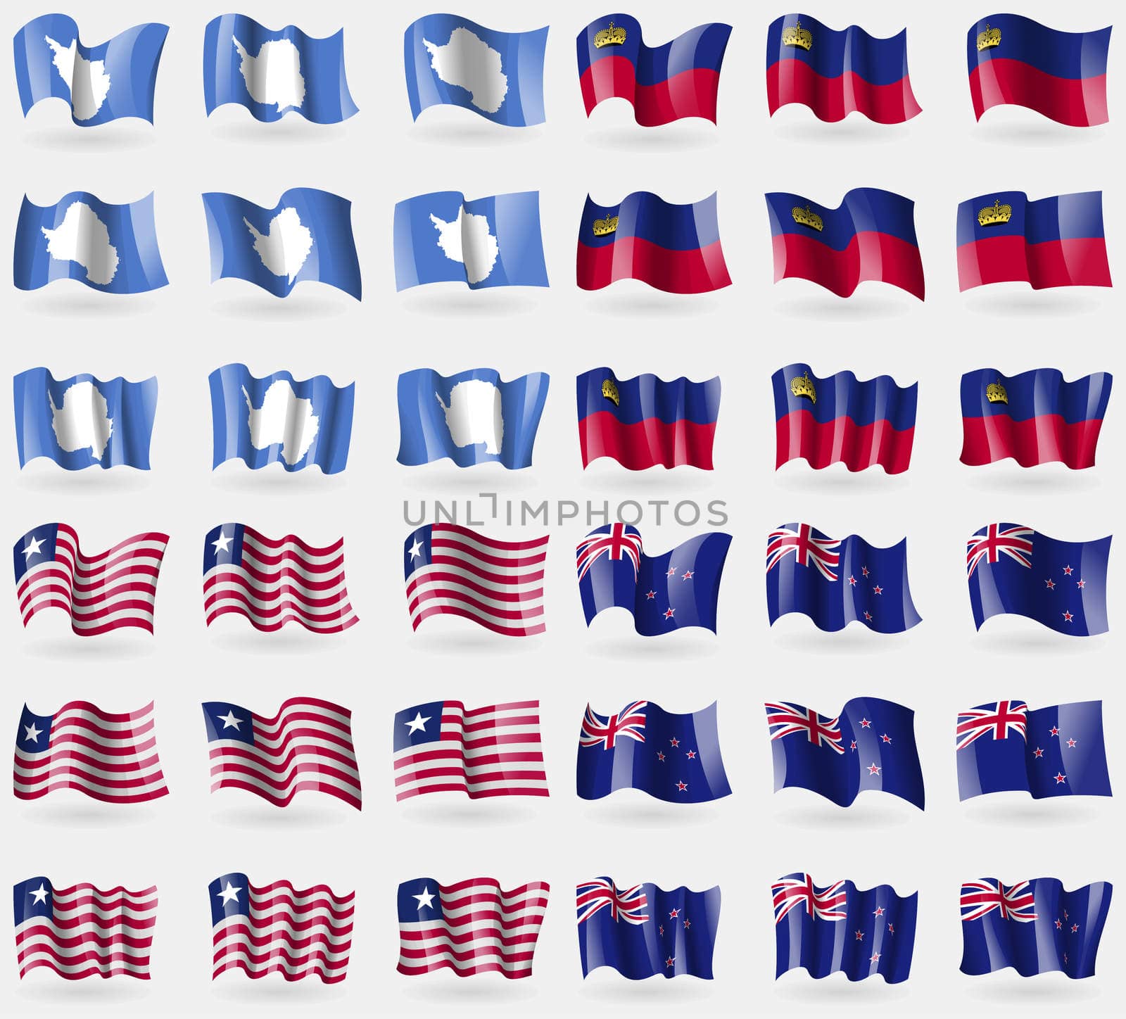 Antarctica, Liechtenstein, Liberia, New Zeland. Set of 36 flags of the countries of the world. illustration