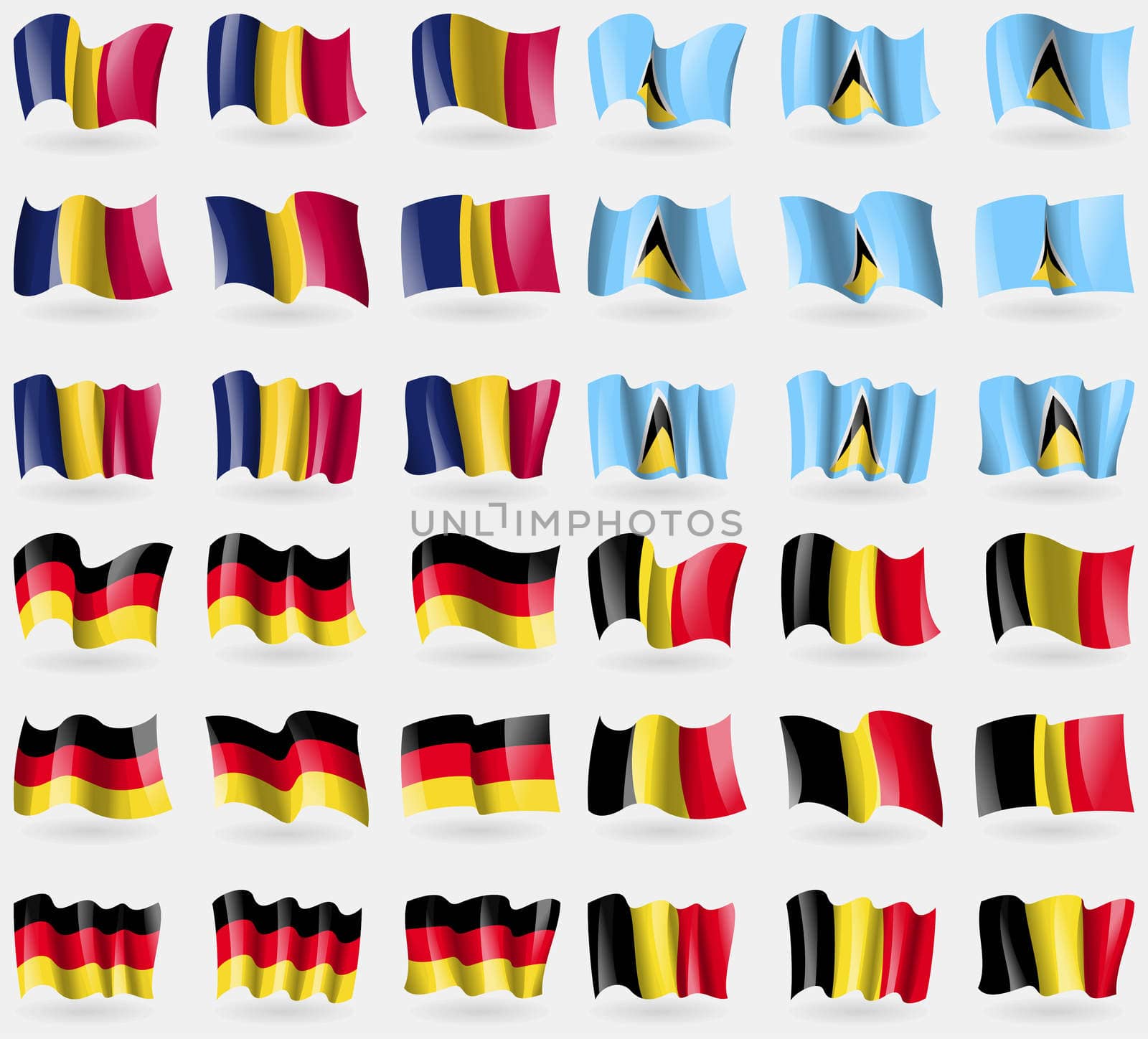 Chad, Saint Lucia, Germany, Belgium. Set of 36 flags of the countries of the world.  by serhii_lohvyniuk