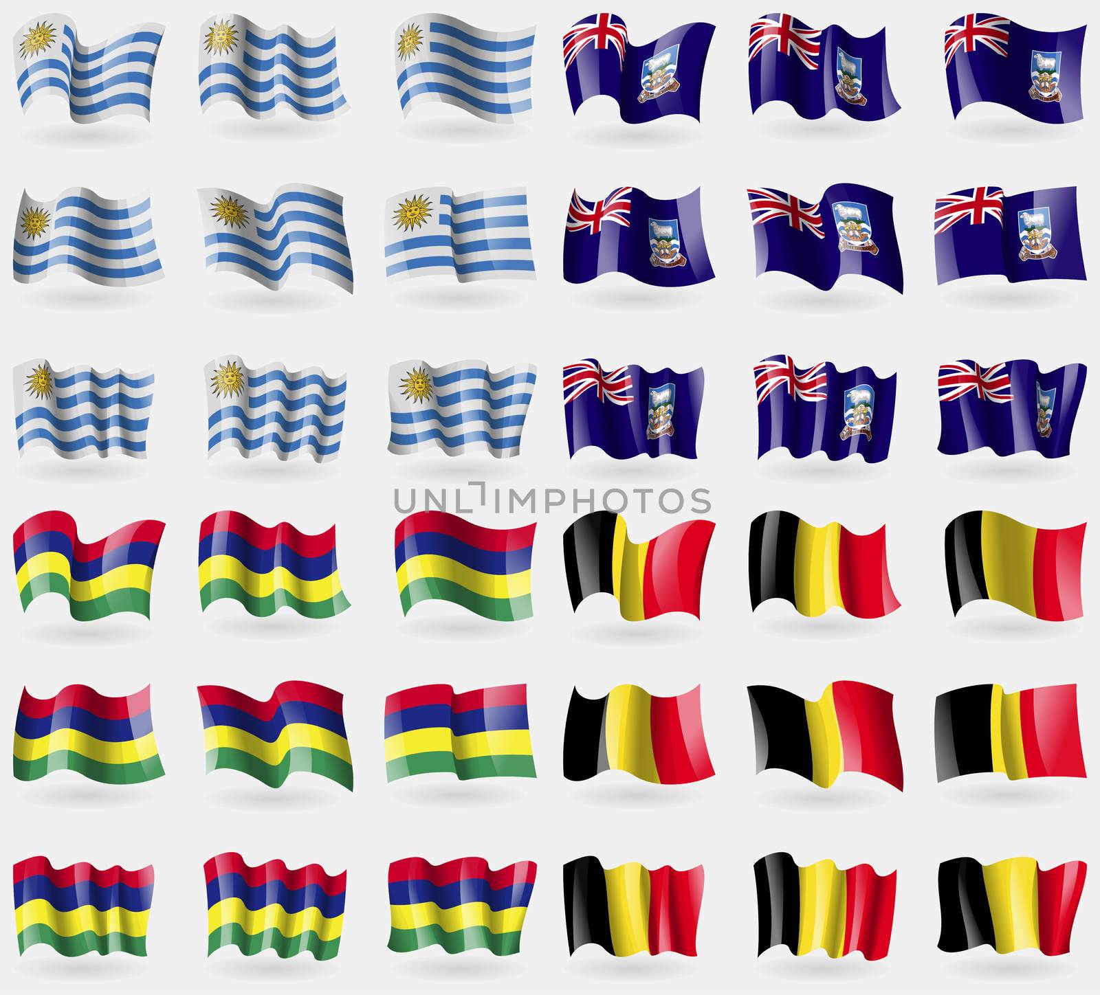 Uruguay, Falkland Islands, Mauritius, Belgium. Set of 36 flags of the countries of the world. illustration