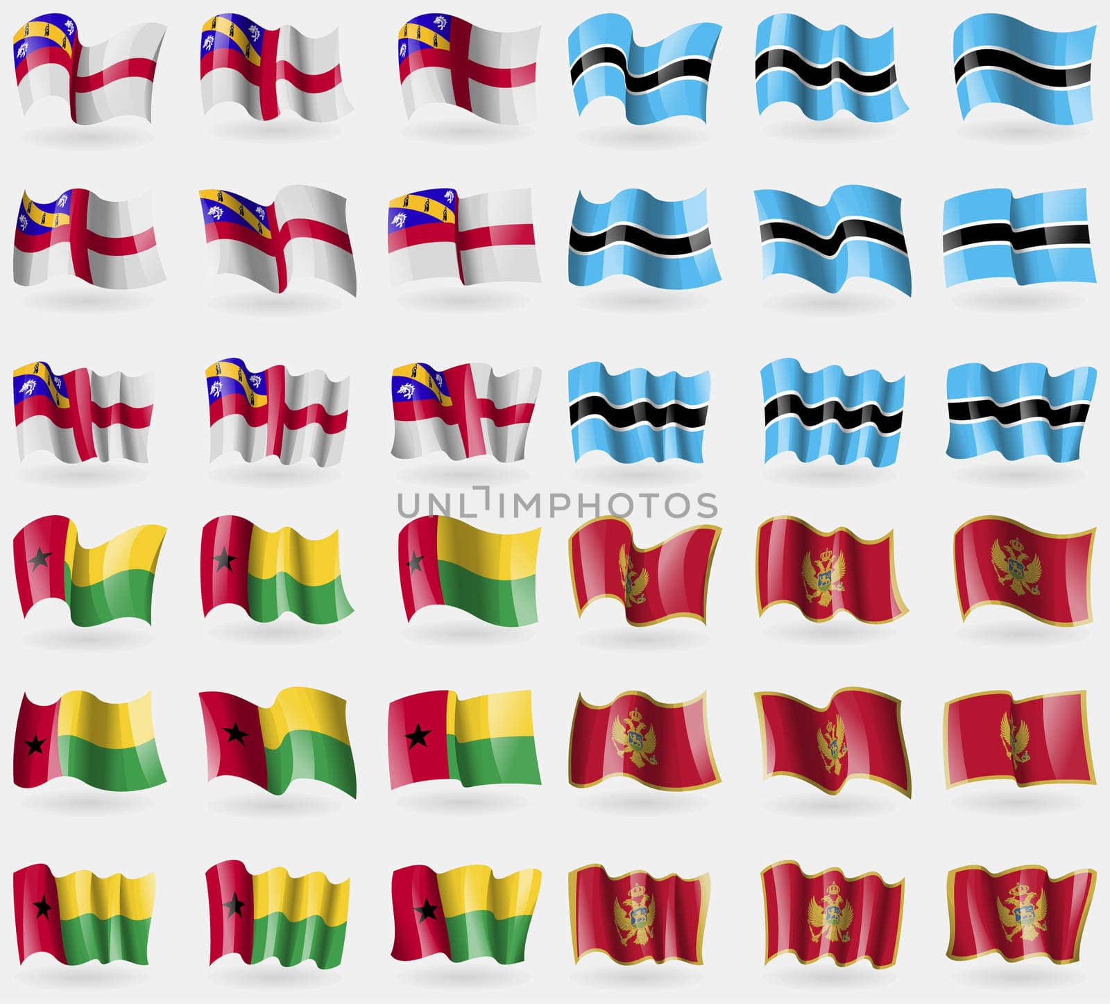 Herm, Botswana, GuineaBissau, Montenegro. Set of 36 flags of the countries of the world. illustration