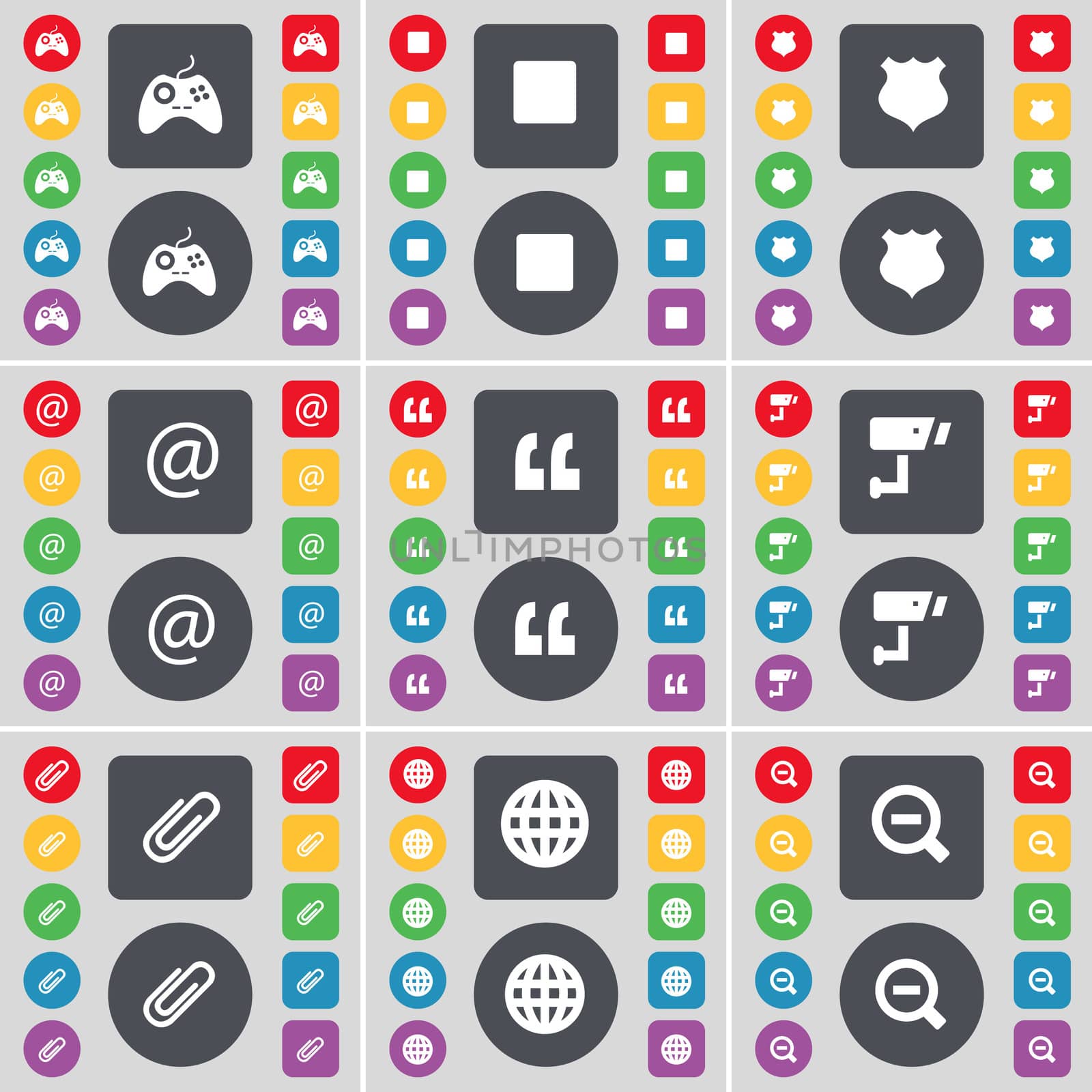 Gamepad, Media stop, Police badge, Mail, Quotation mark, CCTV, Clip, Globe, Magnifying glass icon symbol. A large set of flat, colored buttons for your design. illustration