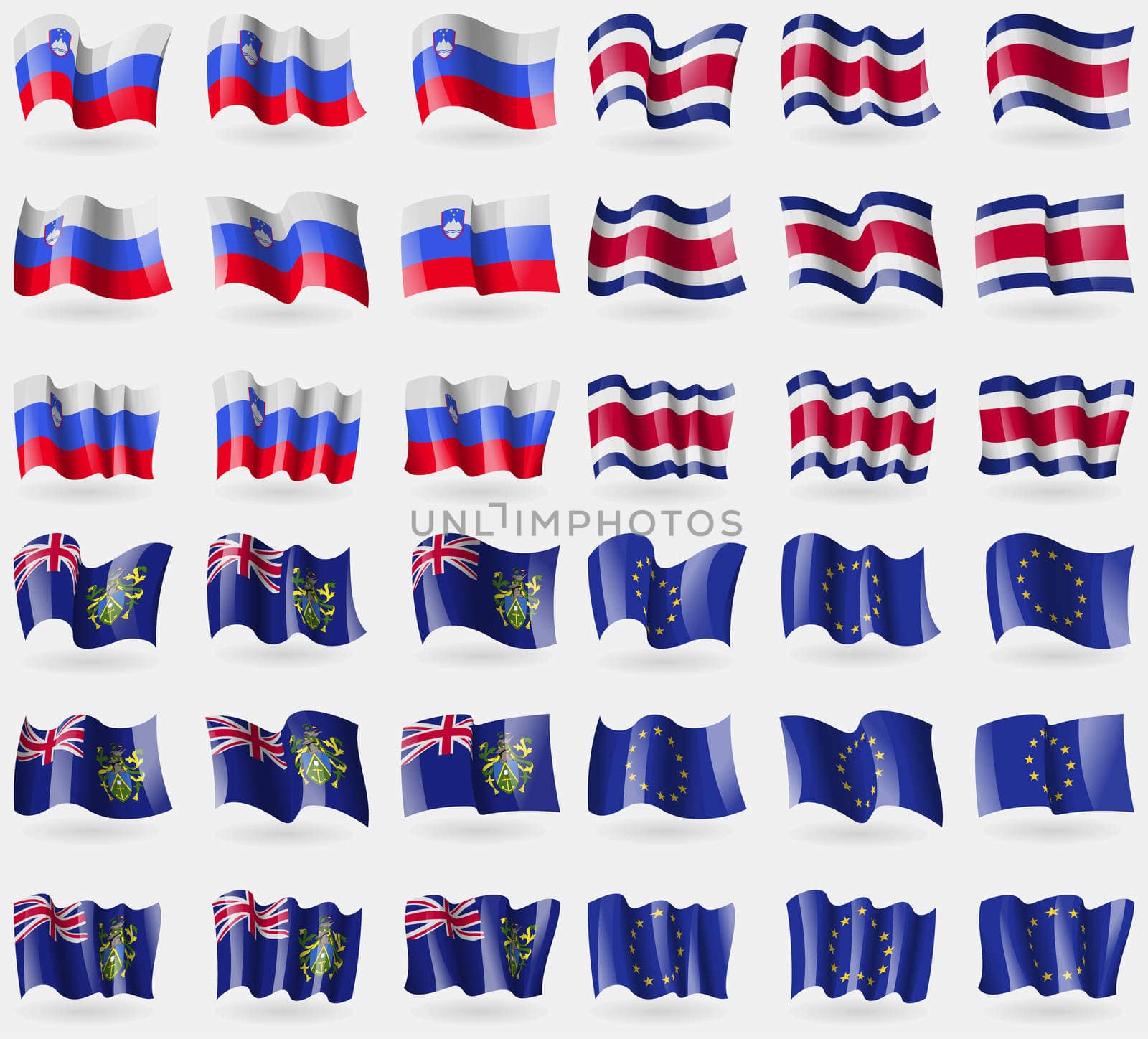 Slovenia, Costa Rica, Pitcairn Islands, European Union. Set of 36 flags of the countries of the world. illustration