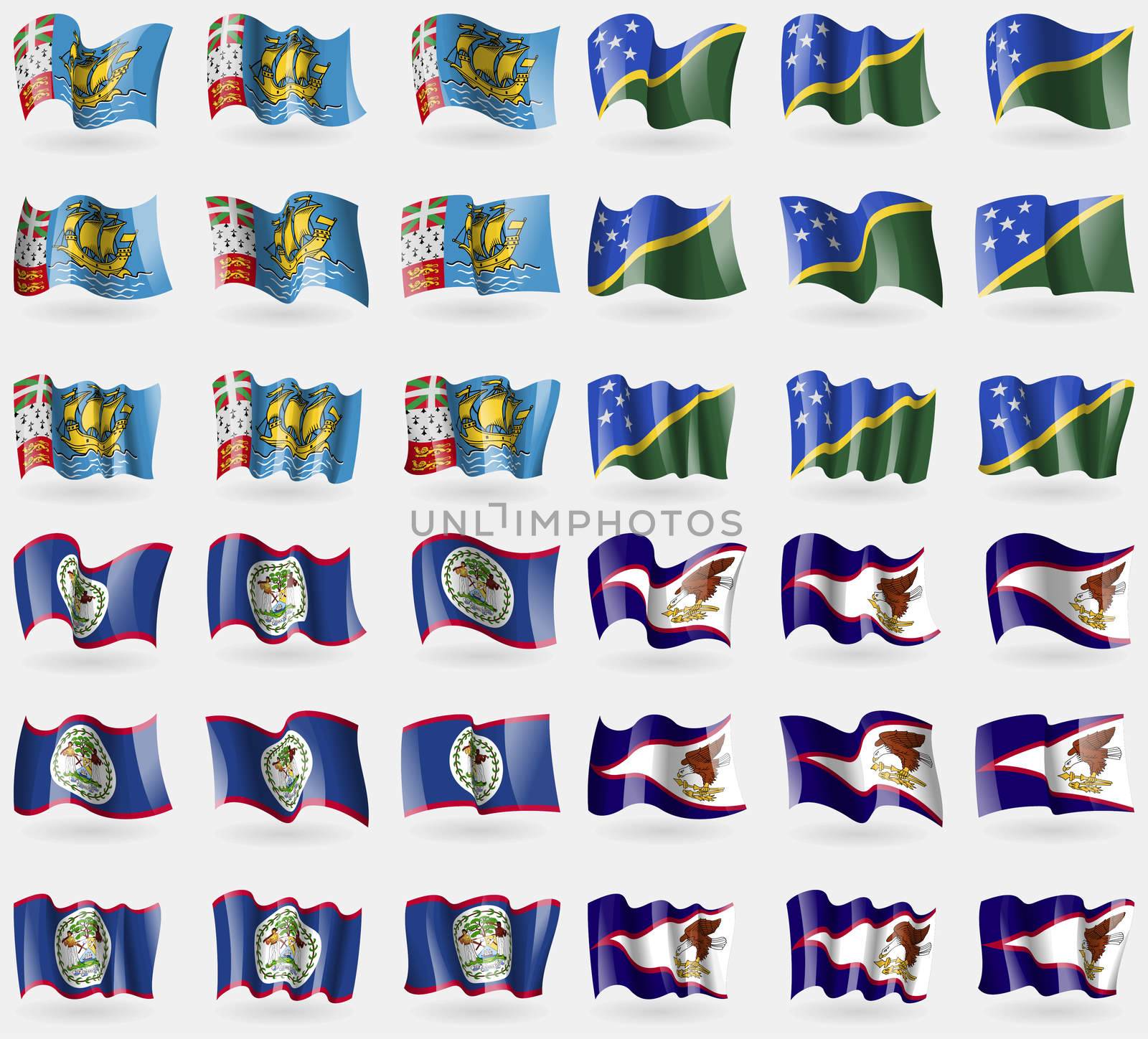Saint Pierre and Miquelon, Solomon Islands, Belize, American Samoa. Set of 36 flags of the countries of the world.  by serhii_lohvyniuk
