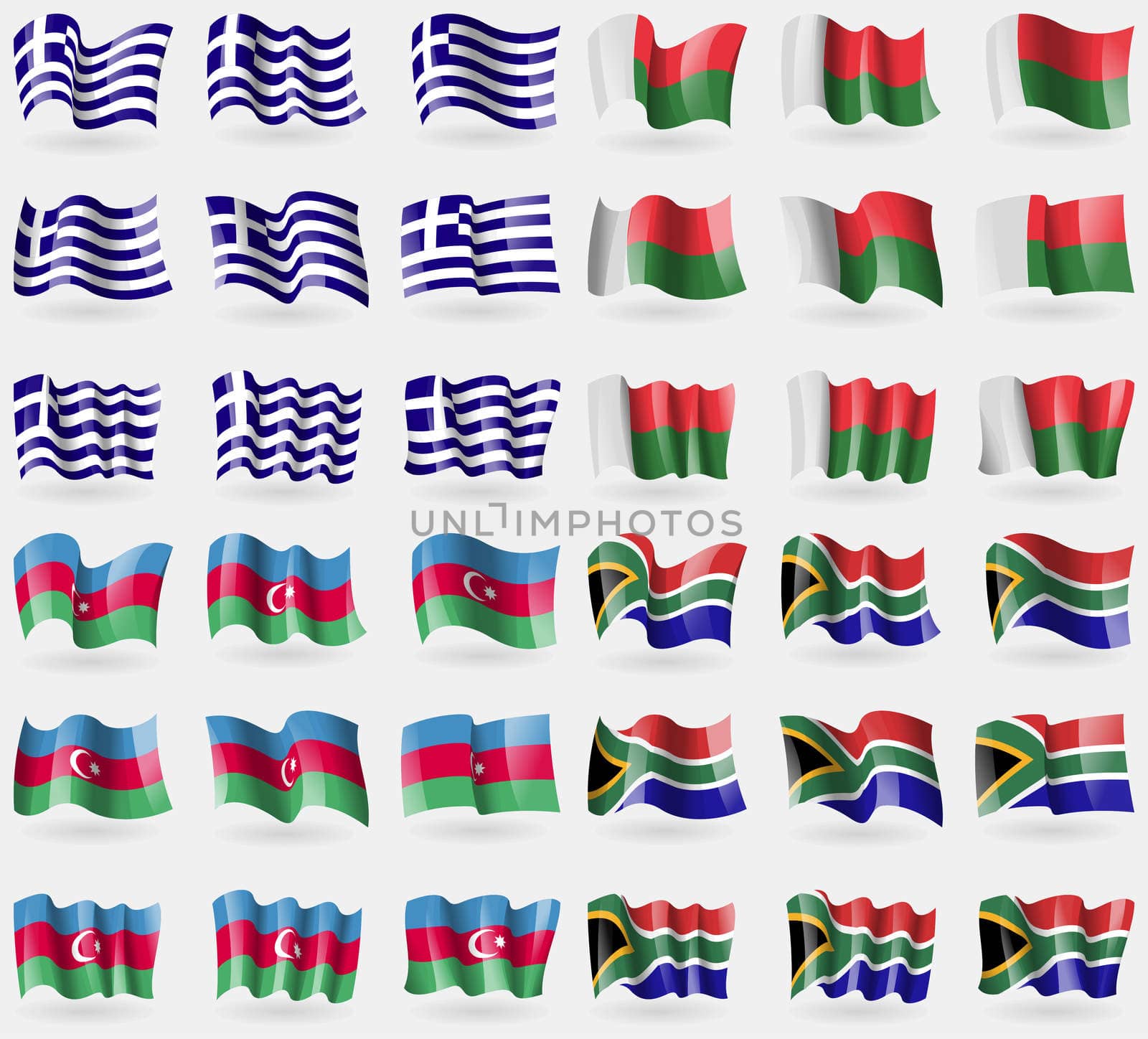 Greece, Madagascar, Azerbaijan, South Africa. Set of 36 flags of the countries of the world. illustration