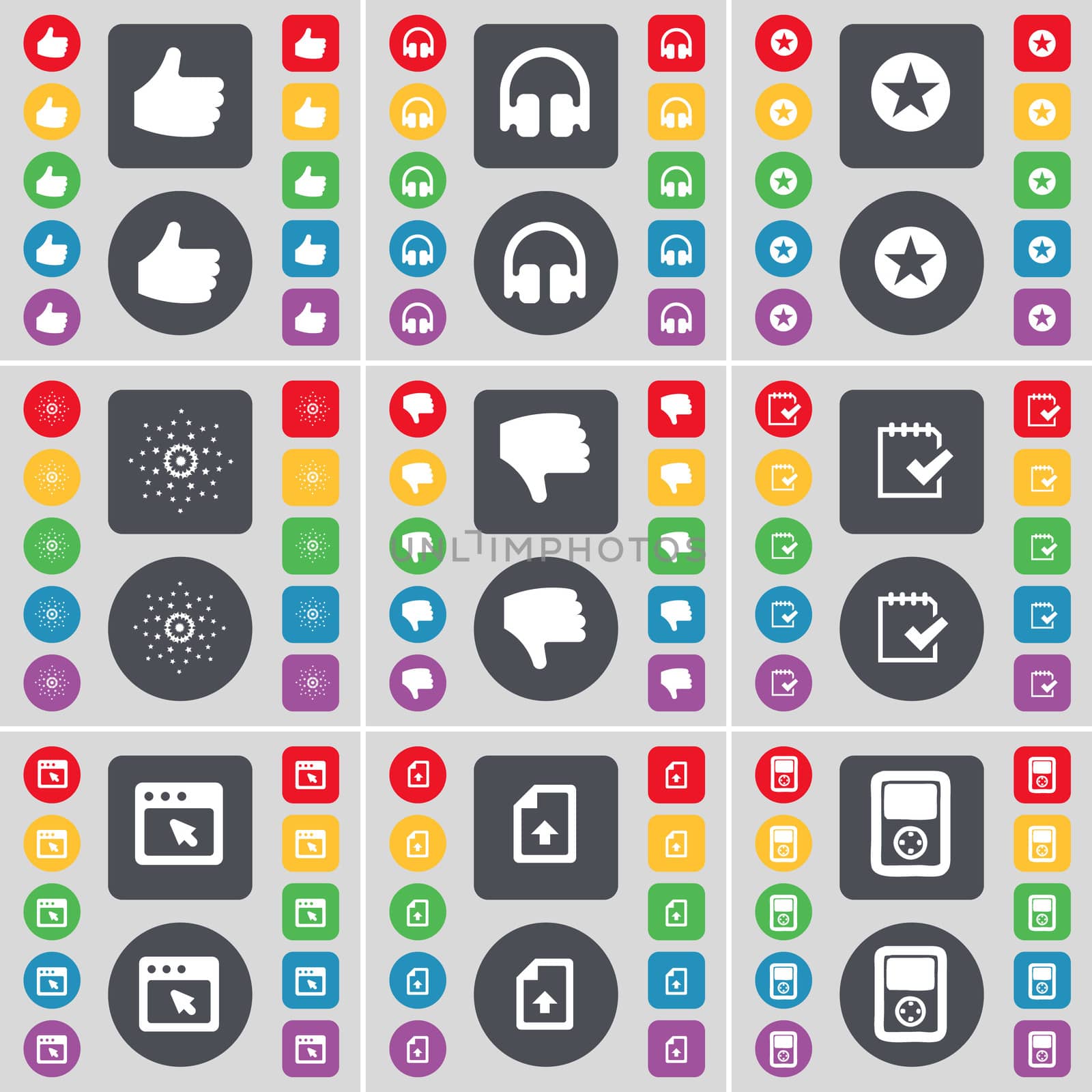 Like, Headphones, Star, Dislike, Survey, Window, Upload file, Player icon symbol. A large set of flat, colored buttons for your design.  by serhii_lohvyniuk