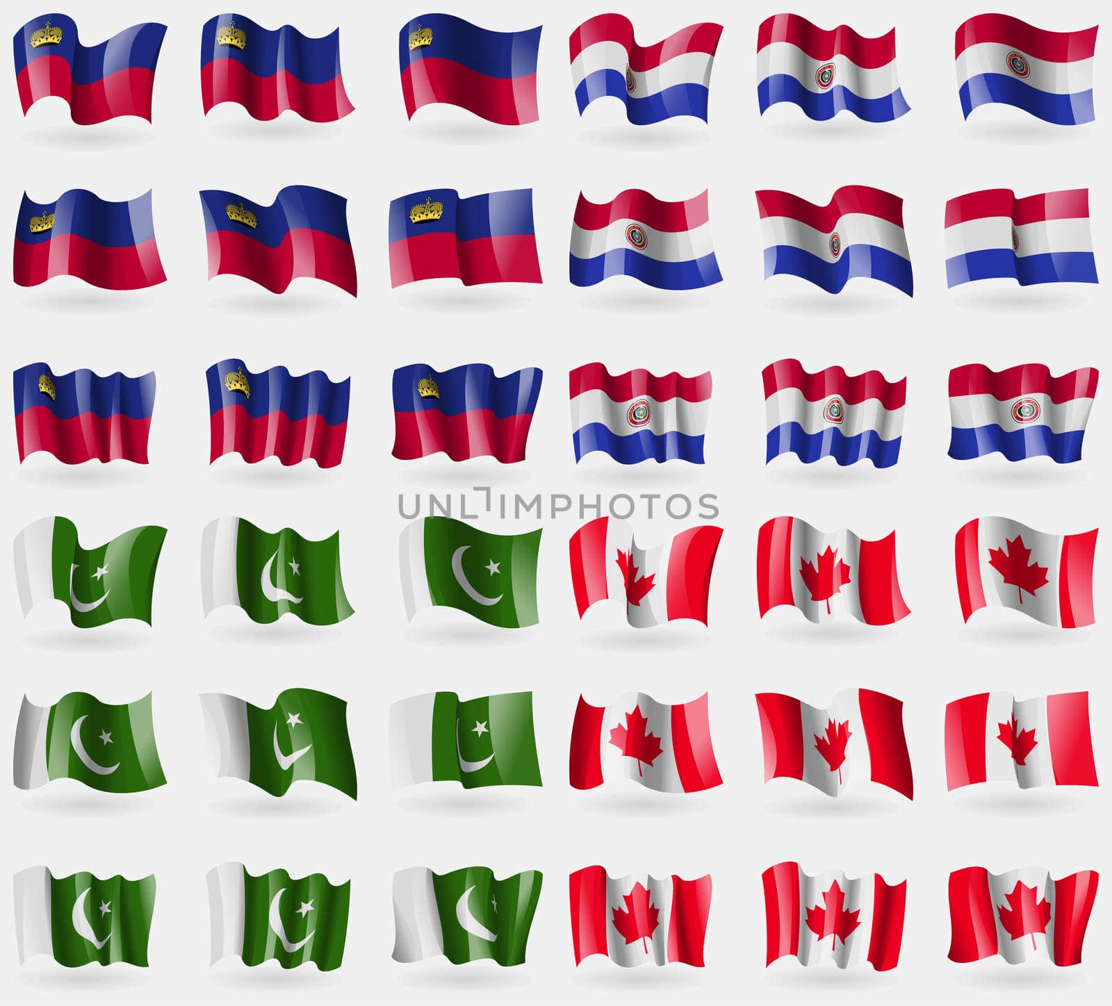 Liechtenstein, Paraguay, Pakistan, Canada. Set of 36 flags of the countries of the world.  by serhii_lohvyniuk