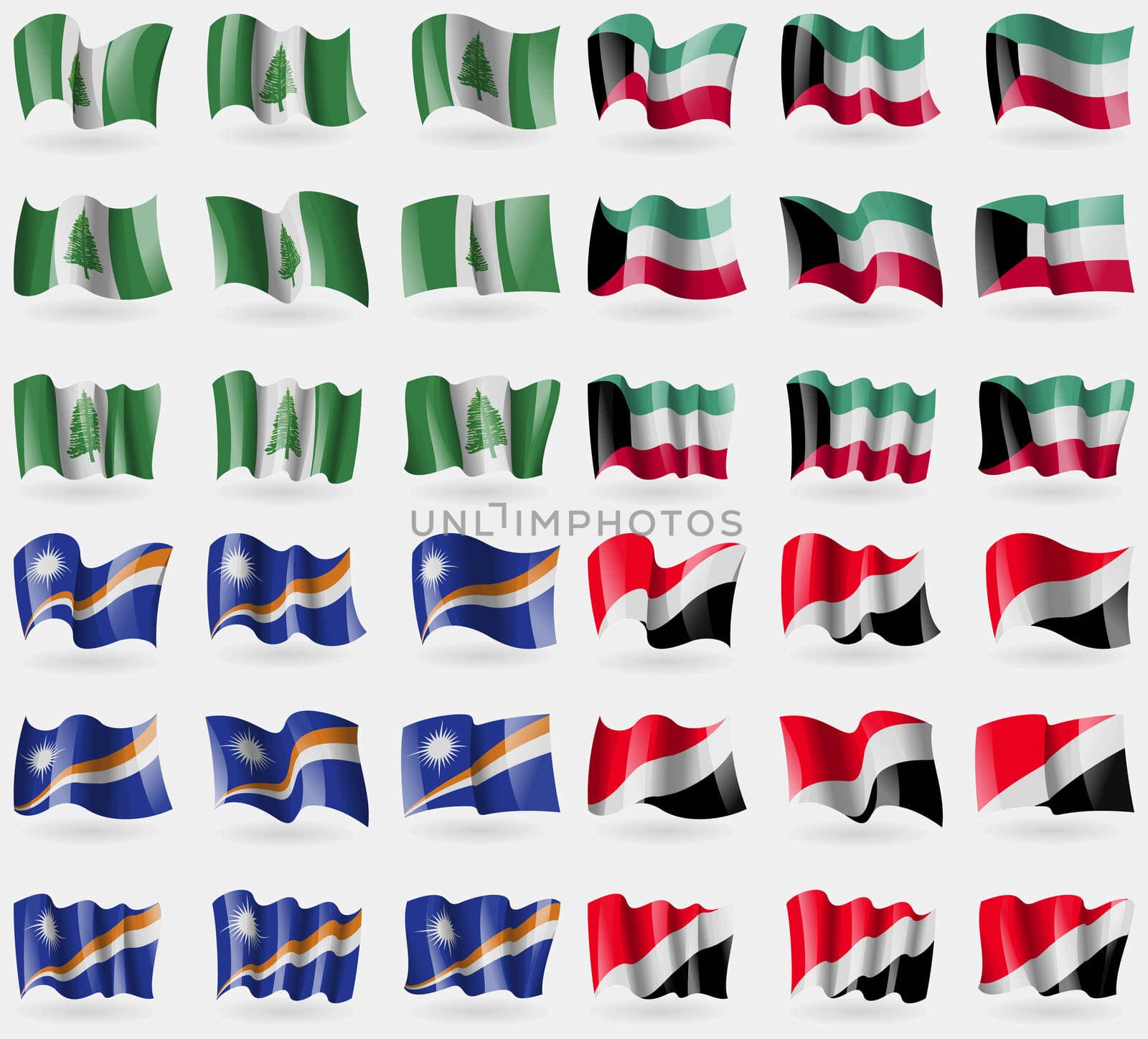 Norfolk Island, Kuwait, Marshall Islands, Sealand Principality. Set of 36 flags of the countries of the world. illustration