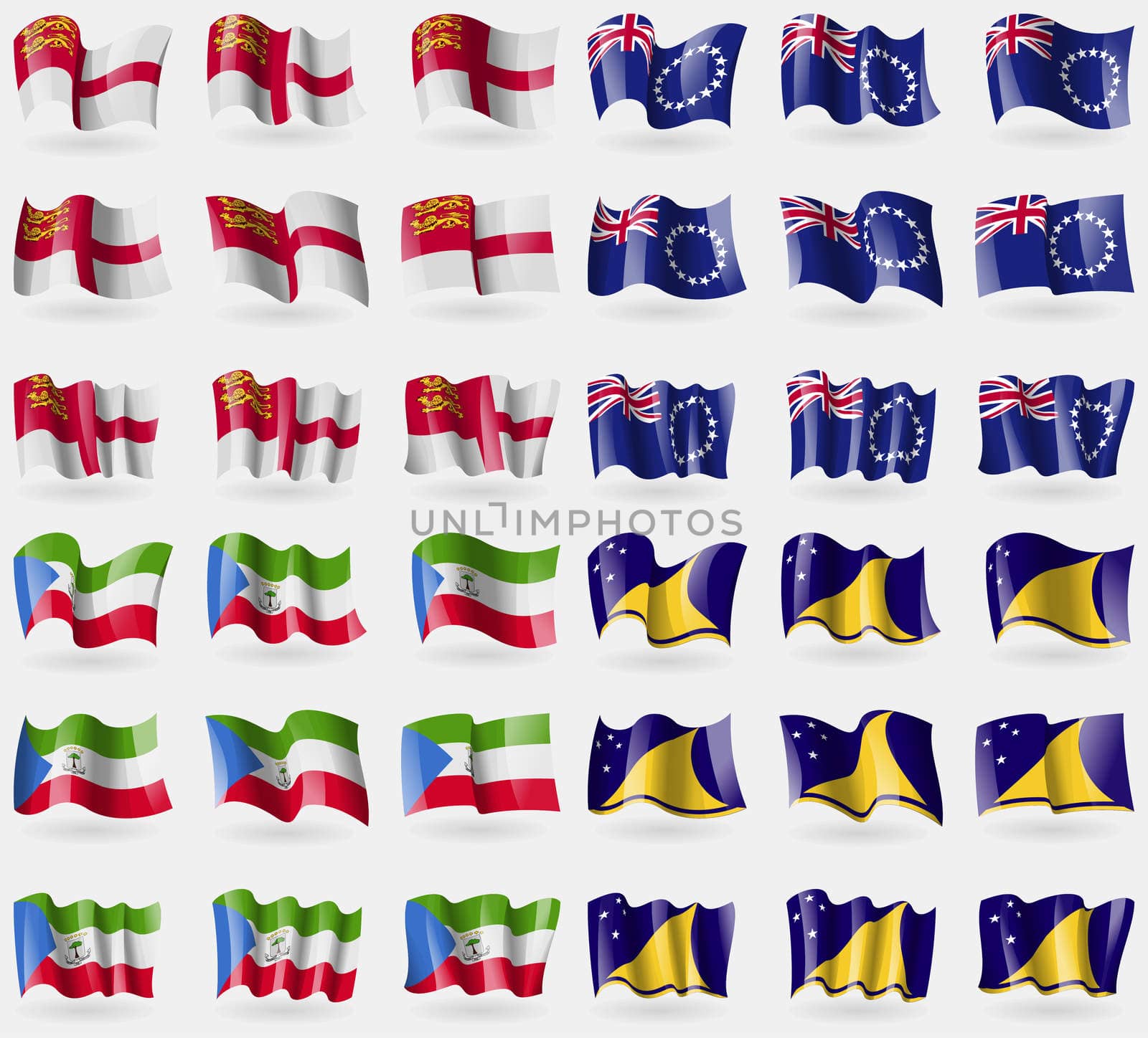 Sark, Cook Islands, Equatorial Guinea, Tokelau. Set of 36 flags of the countries of the world.  by serhii_lohvyniuk
