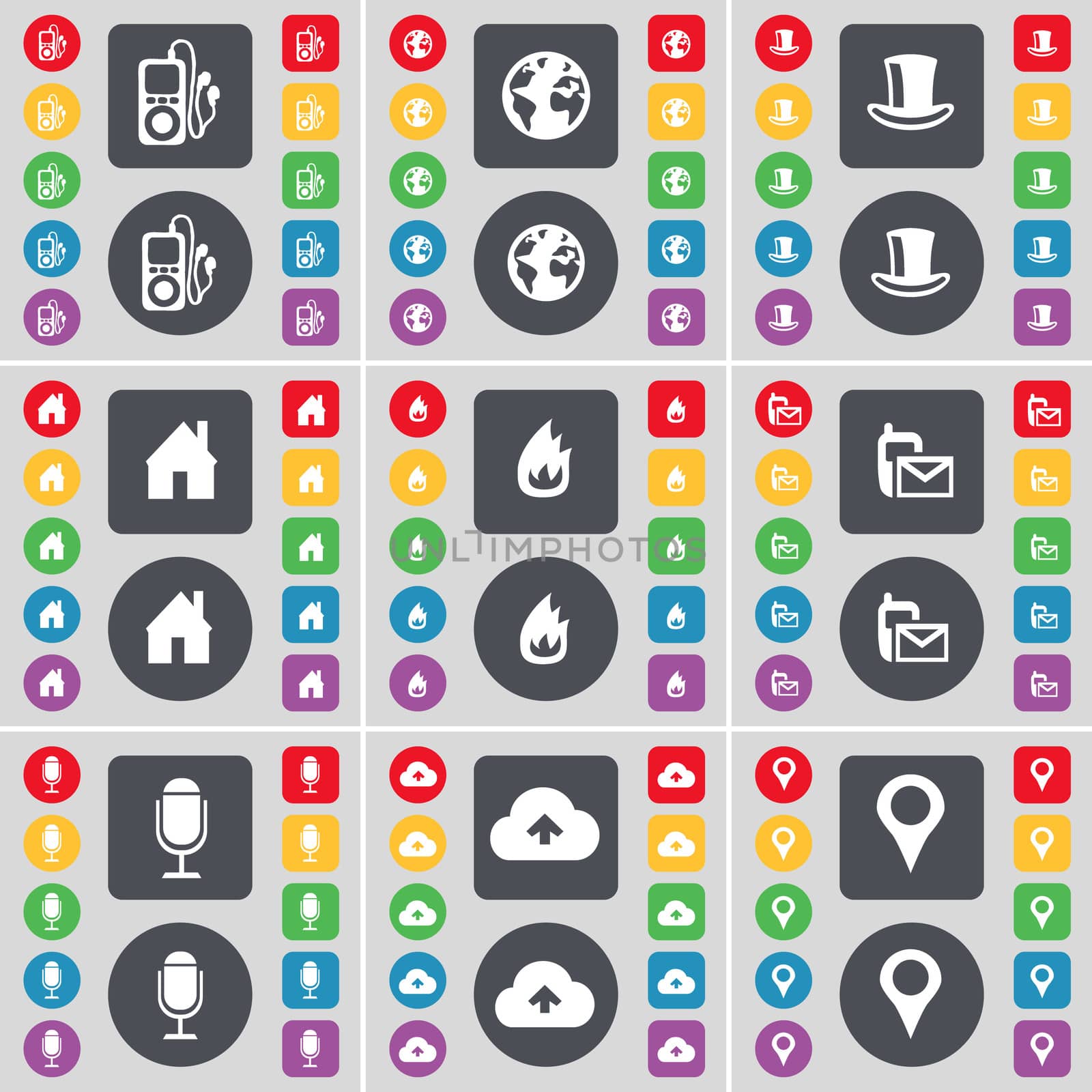 MP3 player, Earth, Silk hat, House, Fire, SMS, Microphone, Cloud, Checkpoint icon symbol. A large set of flat, colored buttons for your design. illustration