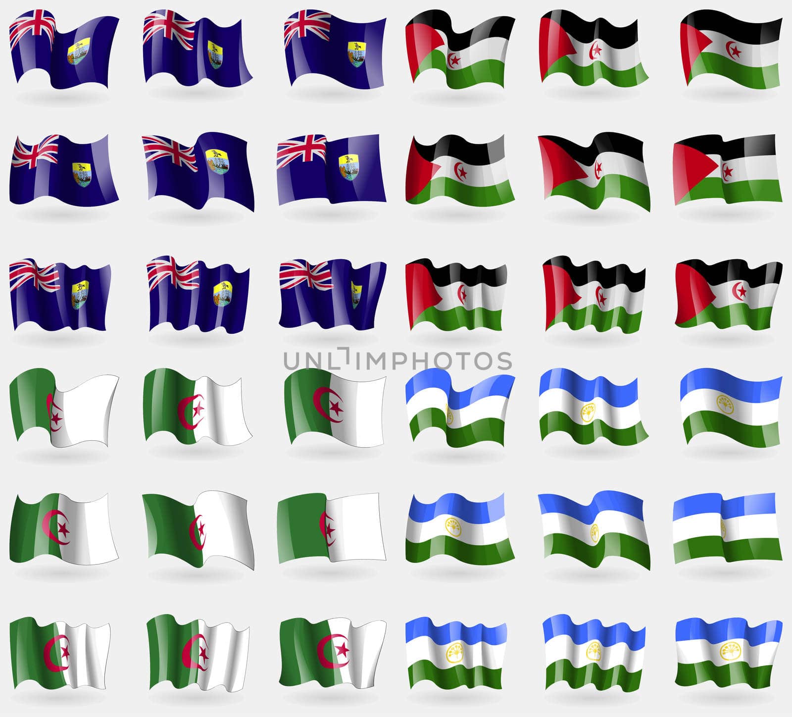 Saint Helena, Western Sahara, Algeria, Bashkortostan. Set of 36 flags of the countries of the world. illustration