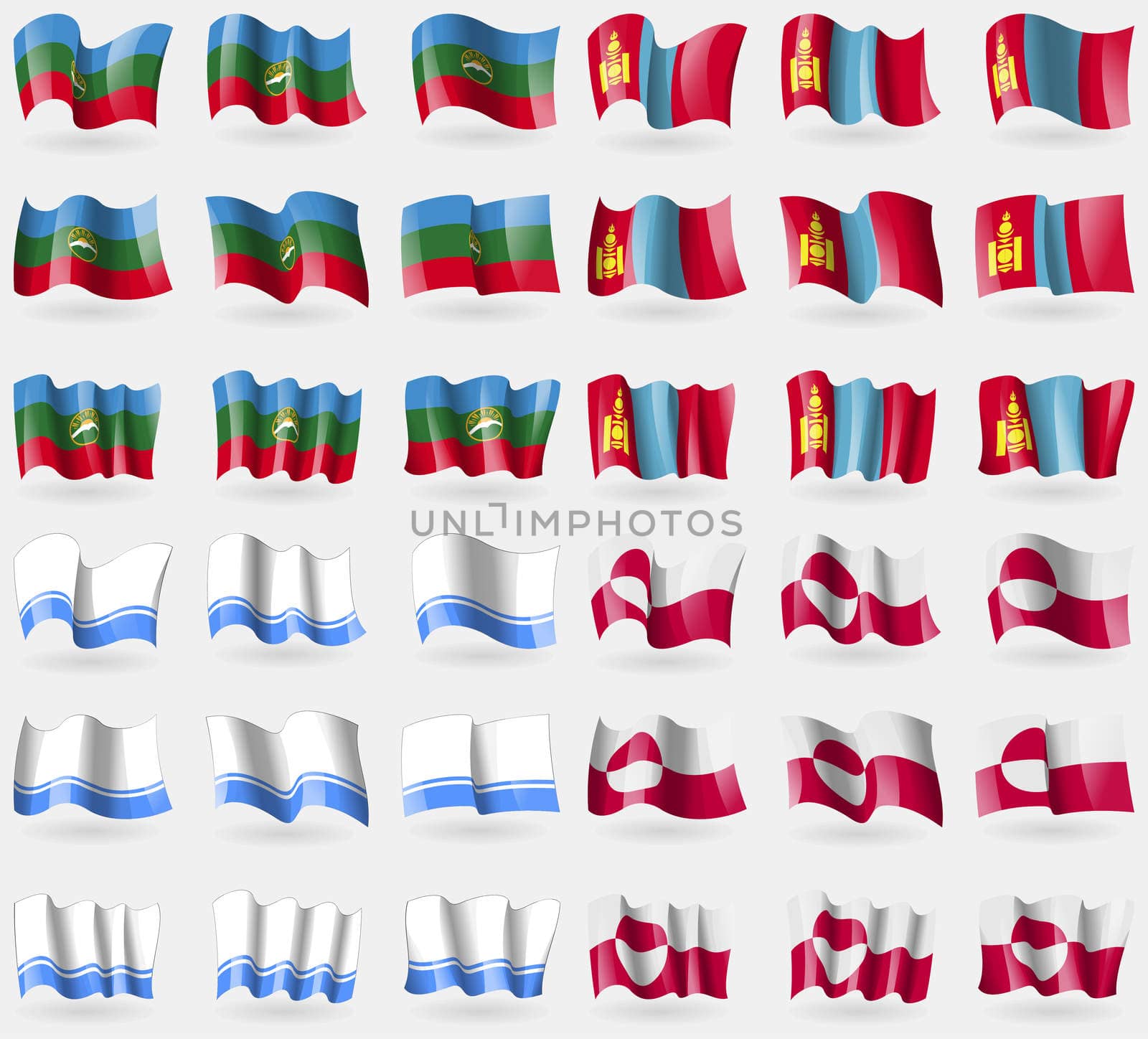 KarachayCherkessia, Mongolia, Altai Republic, Greenland. Set of 36 flags of the countries of the world. illustration