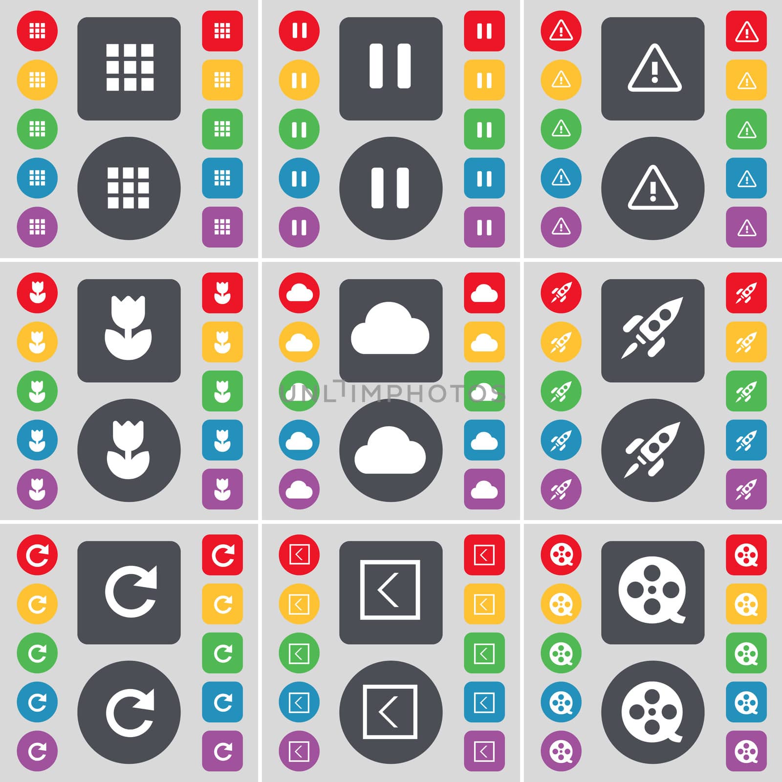 Apps, Pause, Warning, Flower, Cloud, Rocket, Reload, Arrow left, Videotape icon symbol. A large set of flat, colored buttons for your design. illustration