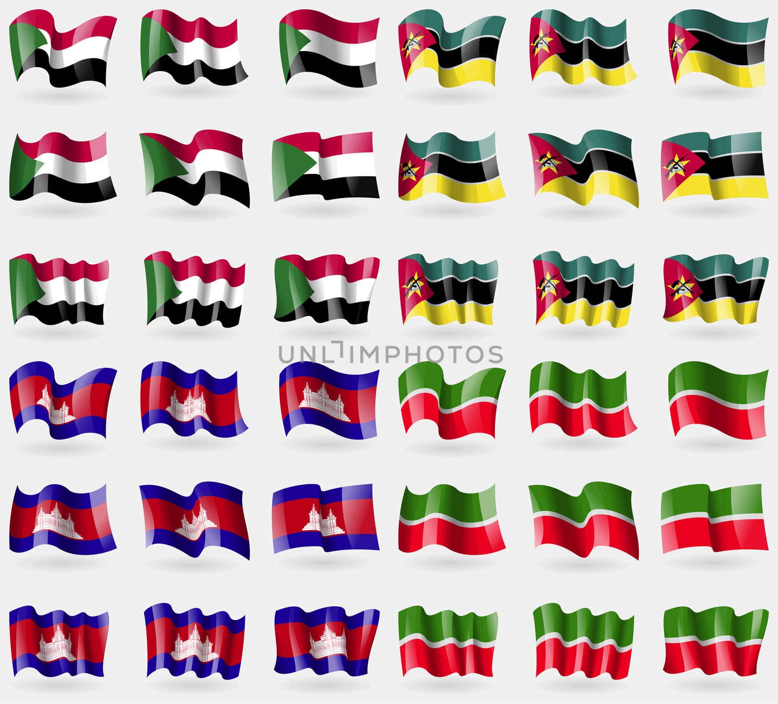 Sudan, Mozambique, Cambodia, Tatarstan. Set of 36 flags of the countries of the world.  by serhii_lohvyniuk