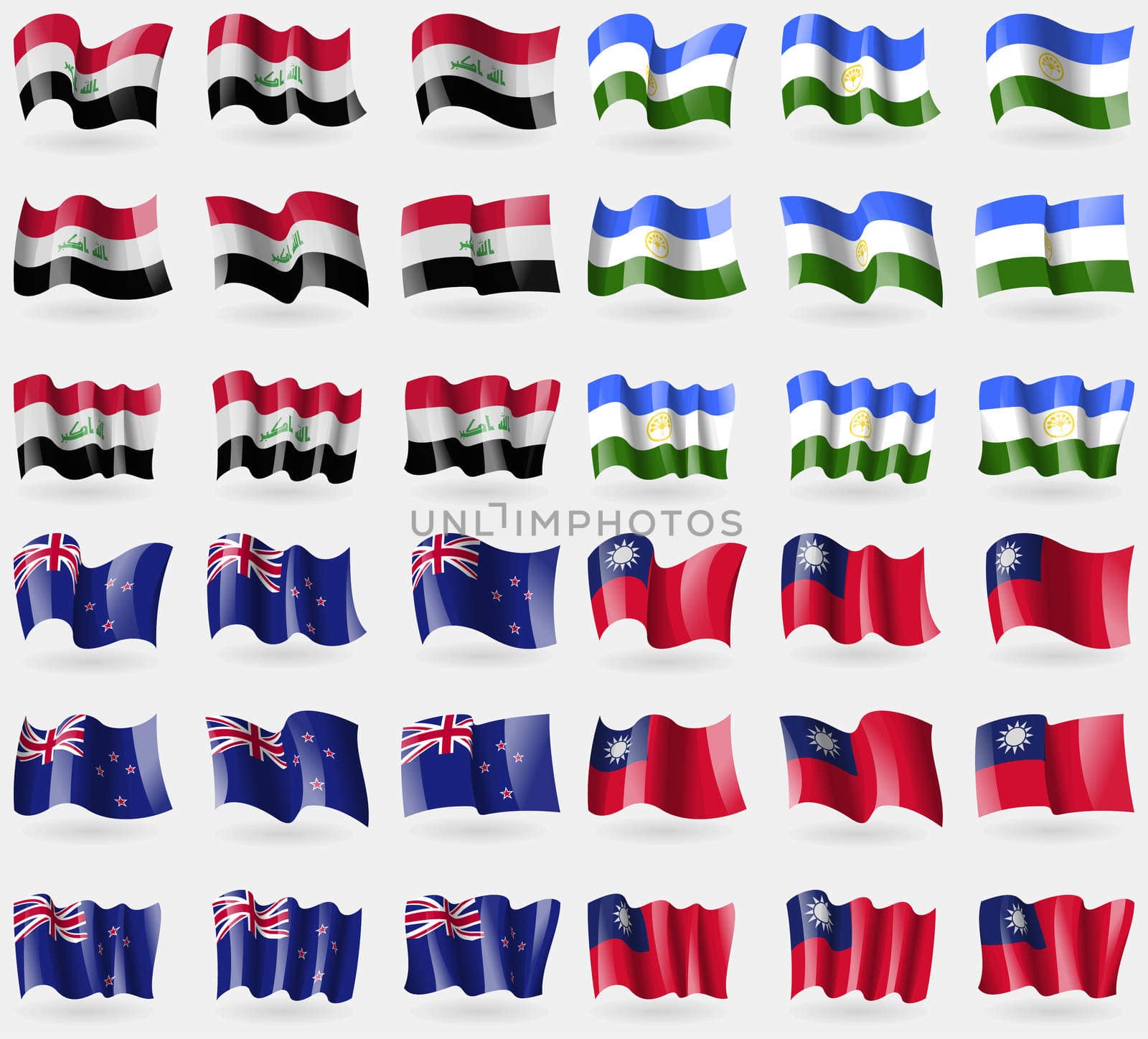 Iraq, Bashkortostan, New Zeland, Taiwan. Set of 36 flags of the countries of the world. illustration