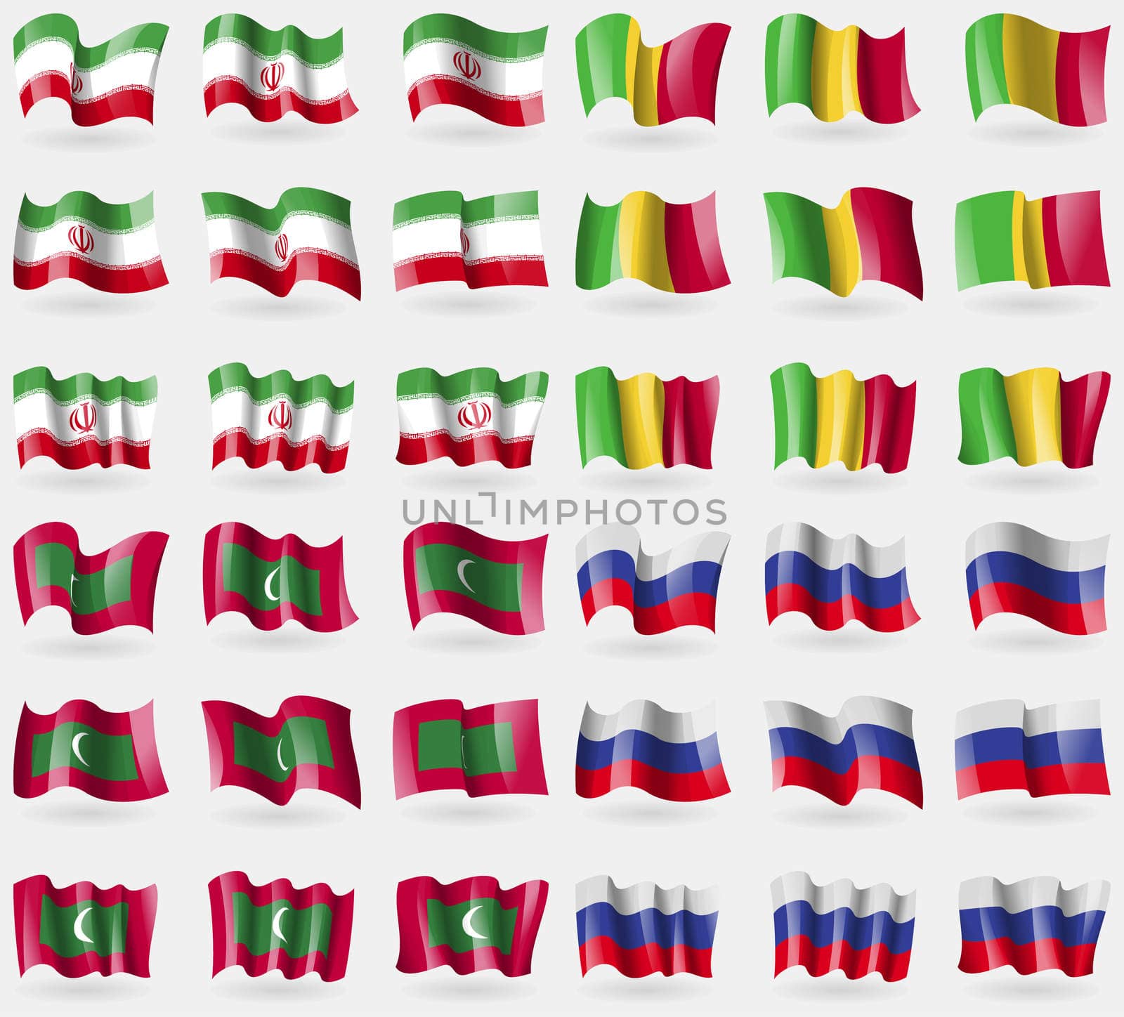 Iran, Mali, Maldives, Russia. Set of 36 flags of the countries of the world. illustration