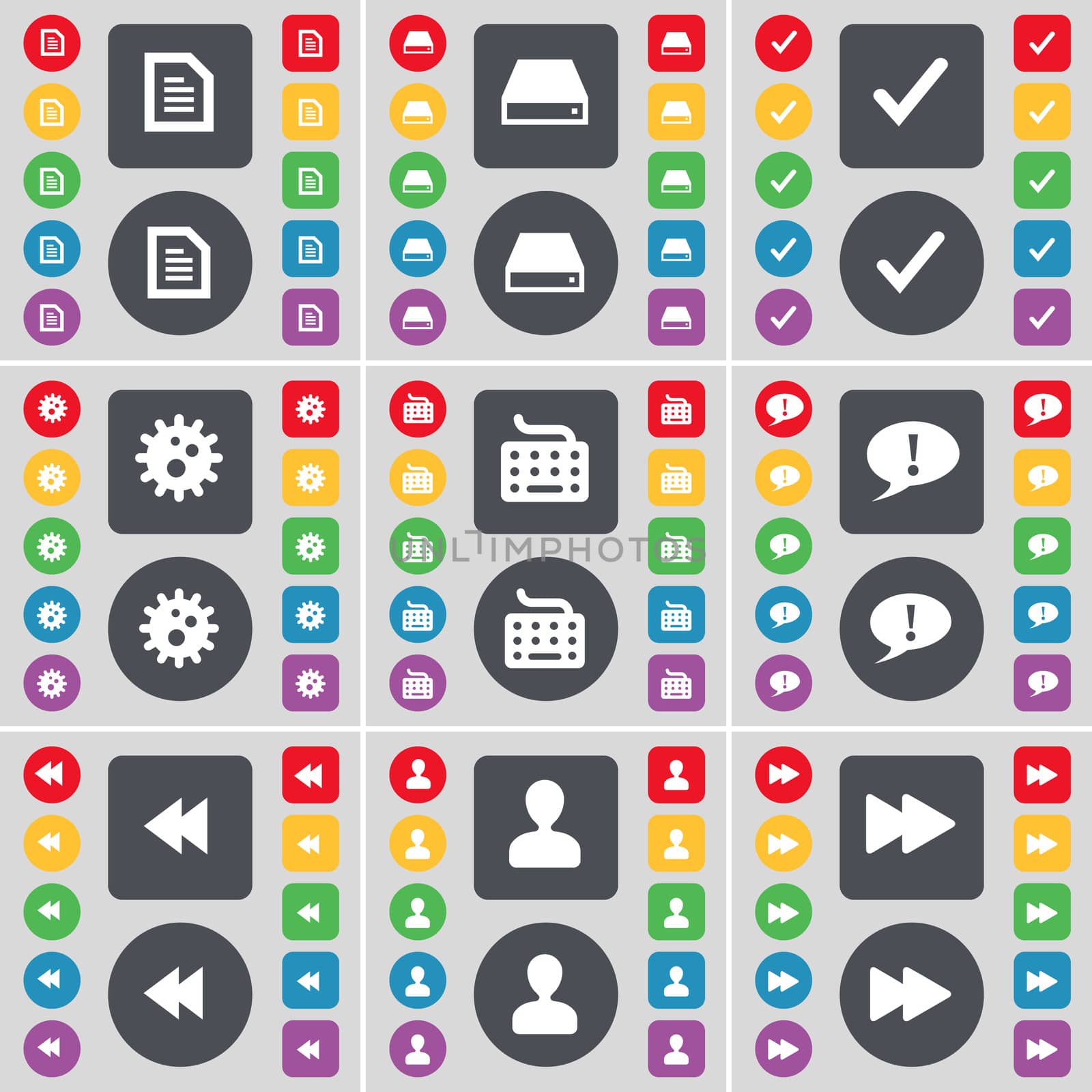 Text file, Hard drive, Tick, Gear, Keyboard, Chat bubble, Rewind, Avatar icon symbol. A large set of flat, colored buttons for your design.  by serhii_lohvyniuk
