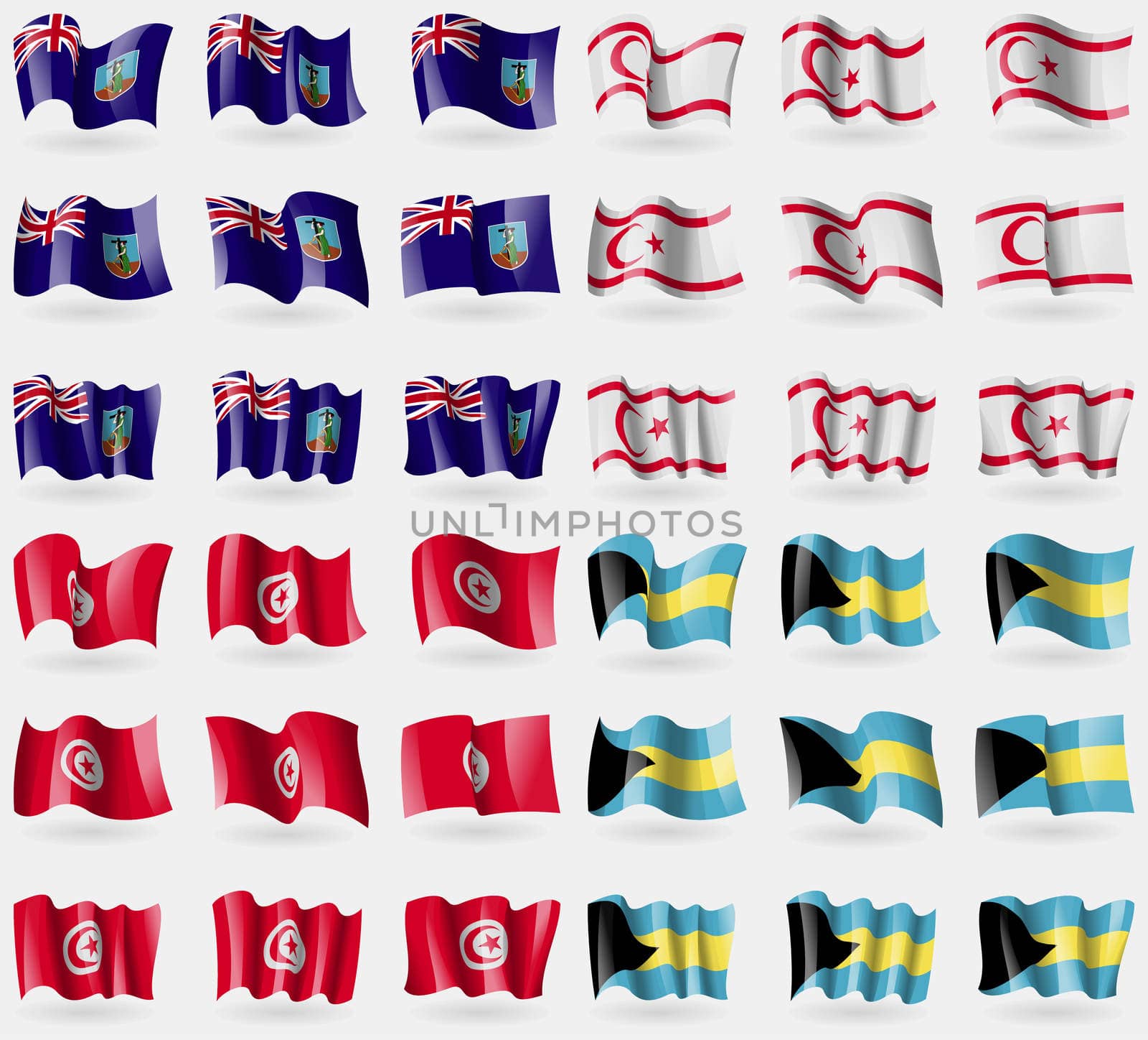 Montserrat, Turkish Northern Cyprus, Tunisia, Bahamas. Set of 36 flags of the countries of the world. illustration