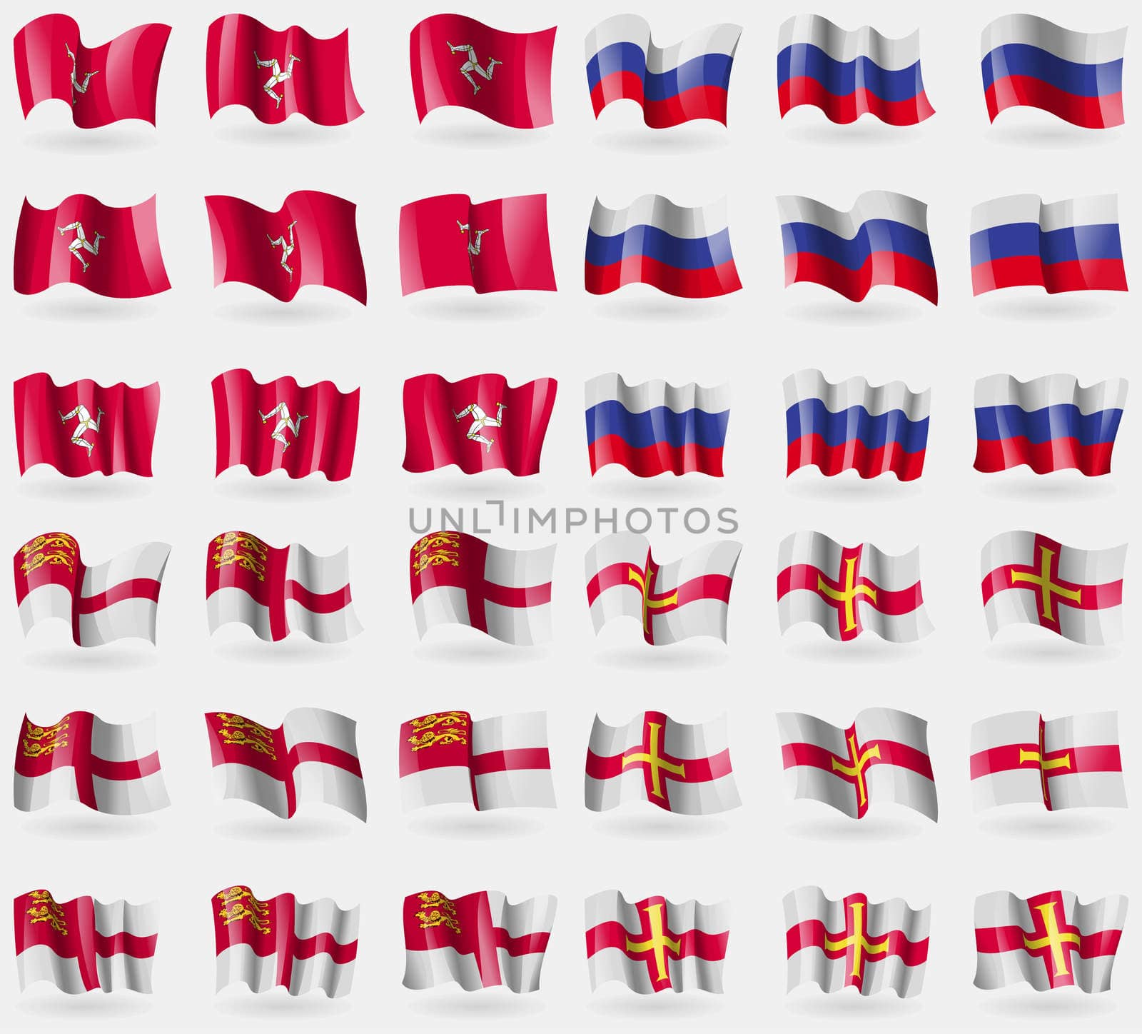 Isle of man, Russia, Sark, Guernsey. Set of 36 flags of the countries of the world. illustration