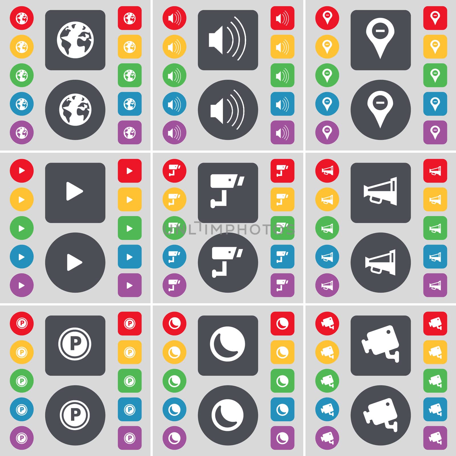 Earth, Sound, Checkpoint, Media play, CCTV, Megaphone, Parking, Moon, CCTV icon symbol. A large set of flat, colored buttons for your design.  by serhii_lohvyniuk