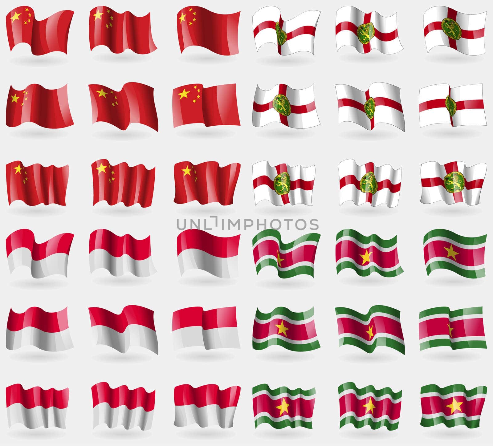 China, Alderney, Monaco, Suridame. Set of 36 flags of the countries of the world.  by serhii_lohvyniuk