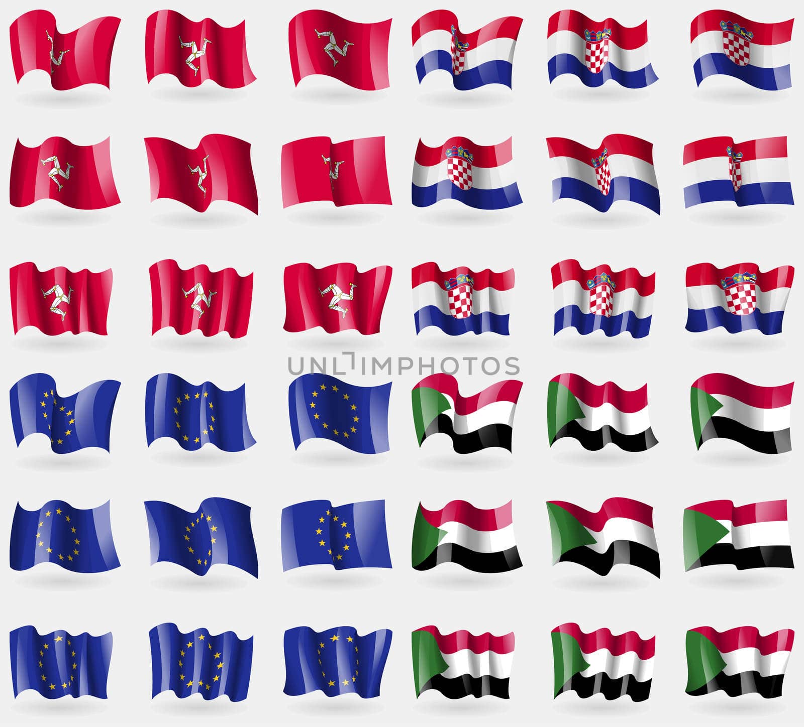 Isle of man, Croatia, European Union, Sudan. Set of 36 flags of the countries of the world. illustration