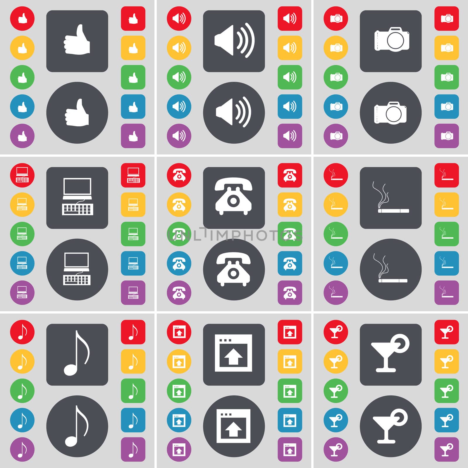 Light, Sound, Camera, Laptop, Retro phone, Cigarette, Note, Window, Cocktail icon symbol. A large set of flat, colored buttons for your design. illustration