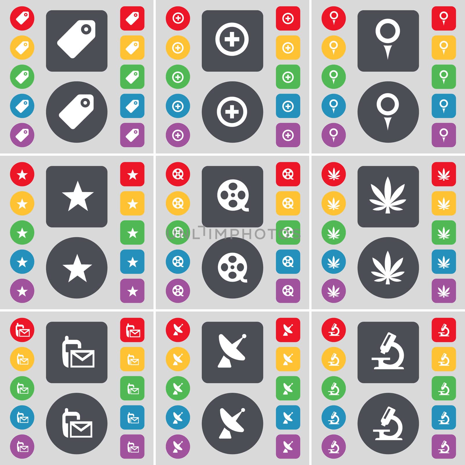 Tag, Plus, Checkpoint, Star, Videotape, Marijuana, SMS, Satellite dish, Microscope icon symbol. A large set of flat, colored buttons for your design.  by serhii_lohvyniuk