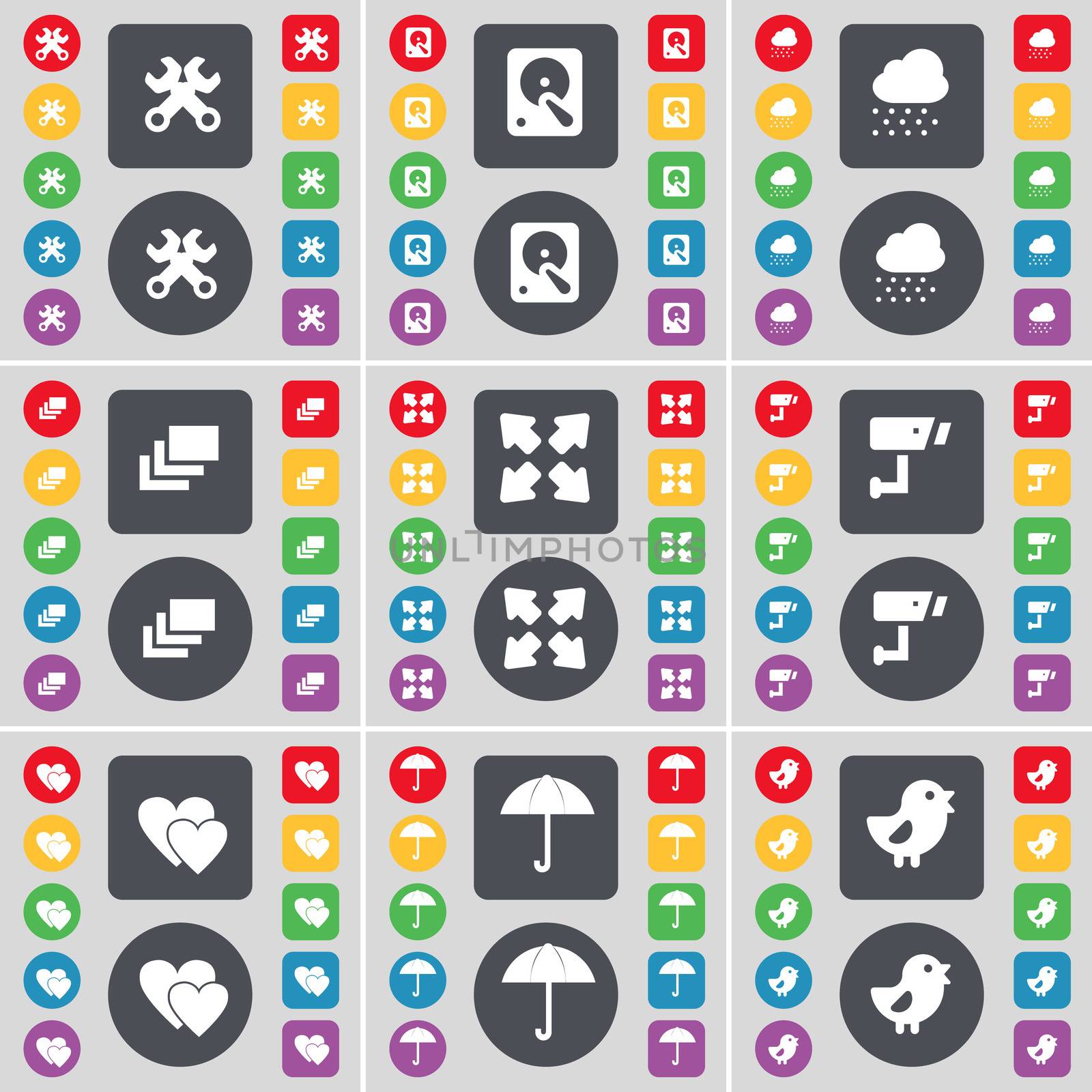 Wrench, Hard drive, Cloud, Gallery, Full screen, CCTV, Heart, Umbrella, Bird icon symbol. A large set of flat, colored buttons for your design.  by serhii_lohvyniuk