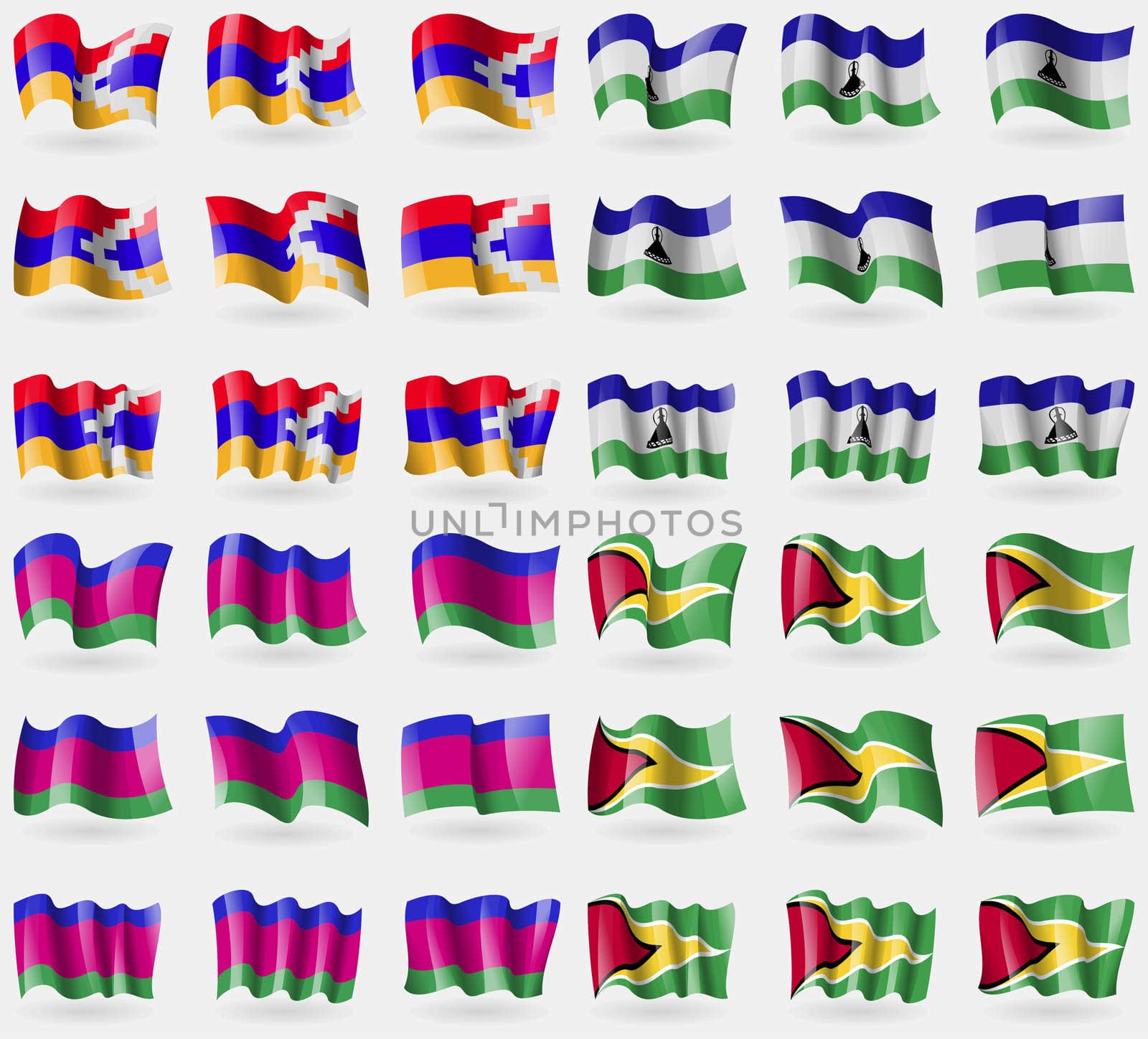Karabakh Republic, Lesothe, Kuban Republic, Guyana. Set of 36 flags of the countries of the world. illustration