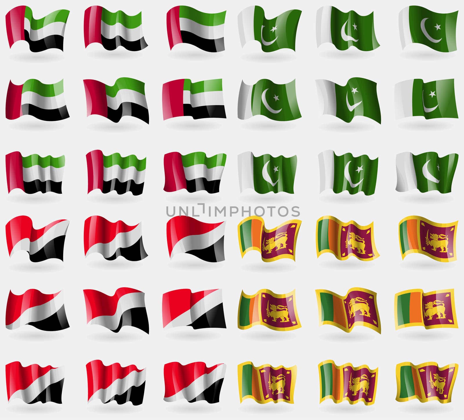 United Arab Emirates, Pakistan, Sealand Principality, Sri Lanka. Set of 36 flags of the countries of the world. illustration