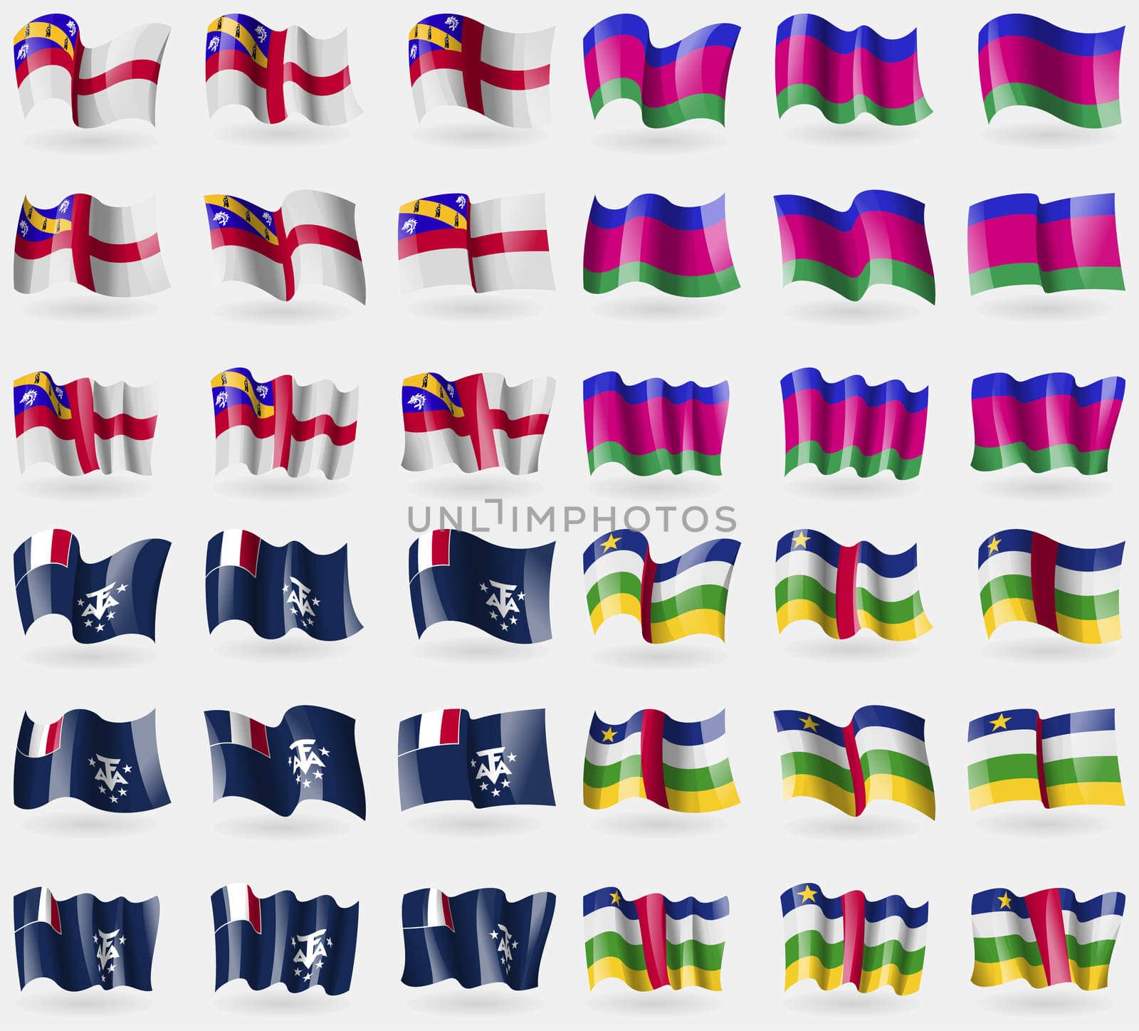 Herm, Kuban Republic, French and Antarctic, Central African Republic. Set of 36 flags of the countries of the world. illustration