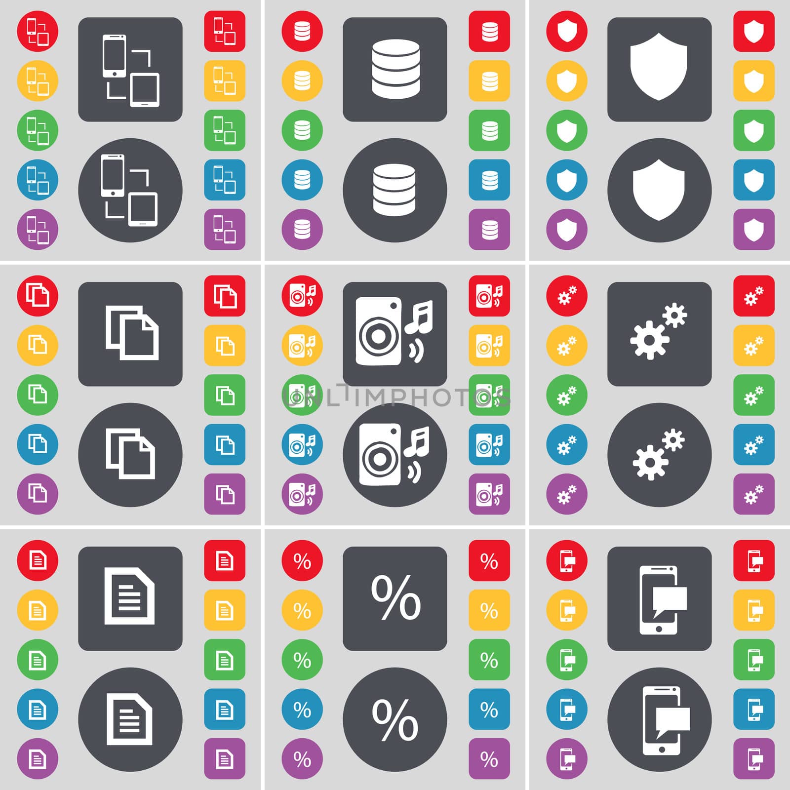 Connection, Database, Badge, File, Speaker, Gear, Text file, Percent, SMS icon symbol. A large set of flat, colored buttons for your design. illustration