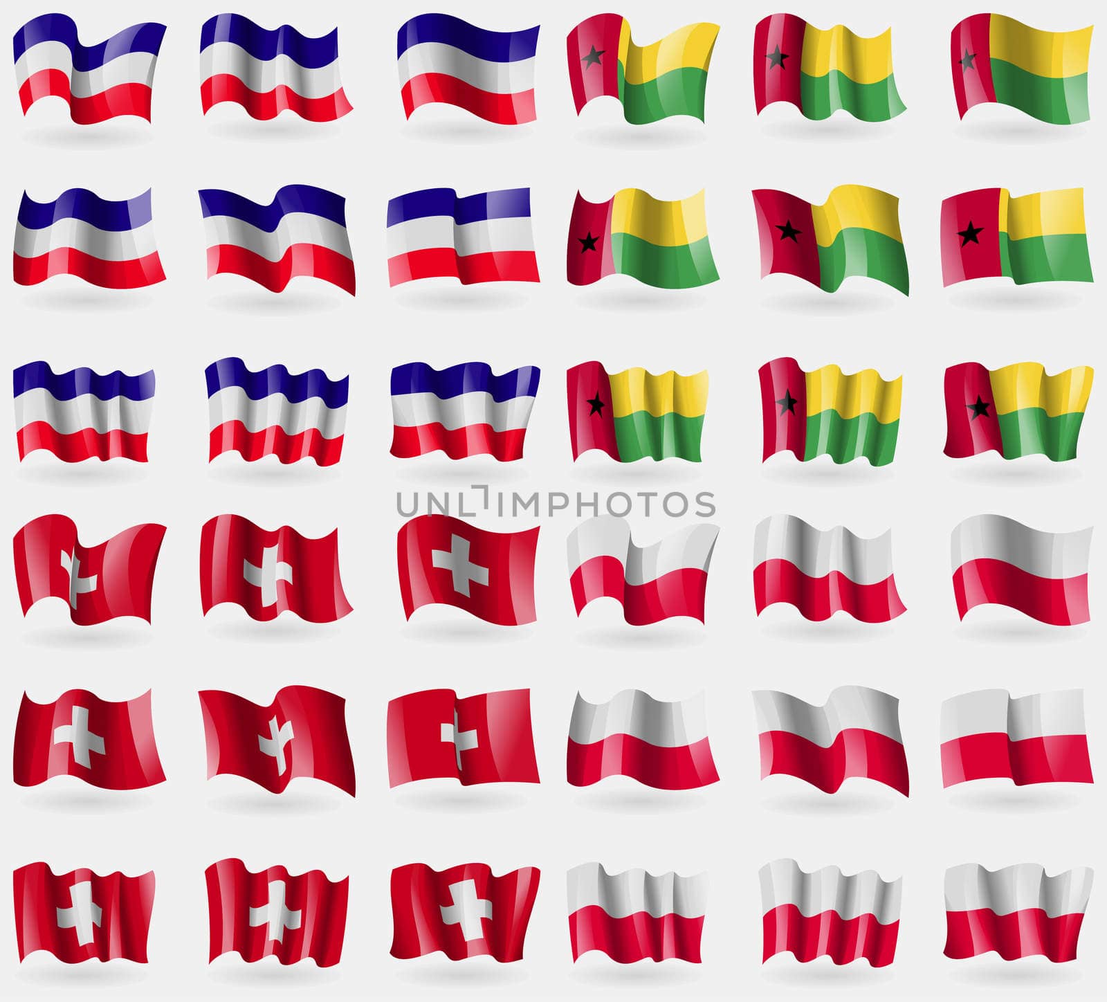 Los Altos, GuineaBissau, Switzerland, Poland. Set of 36 flags of the countries of the world. illustration