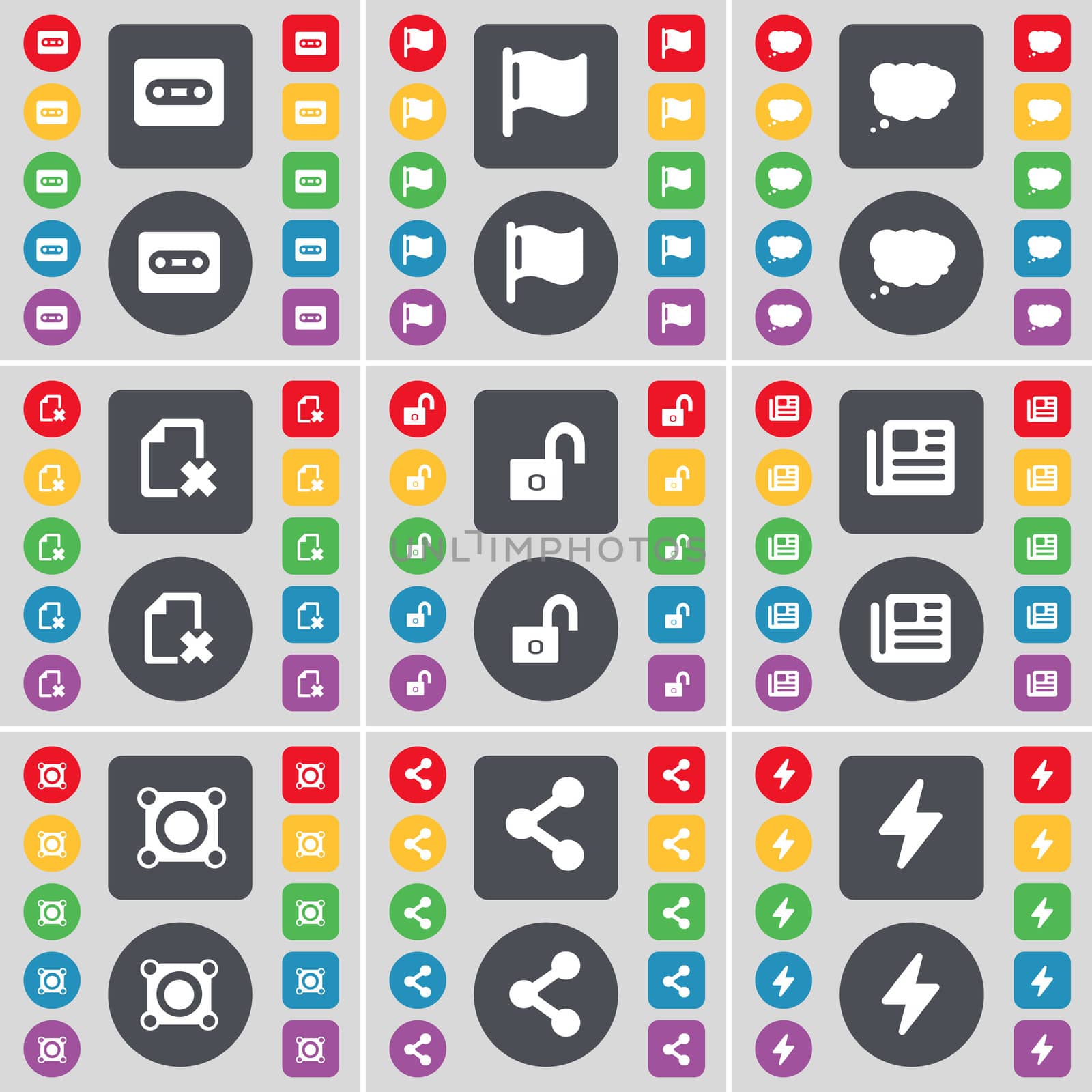 Cassette, Flag, Chat cloud, File, Lock, Newspaper, Speaker, Share, Flash icon symbol. A large set of flat, colored buttons for your design. illustration