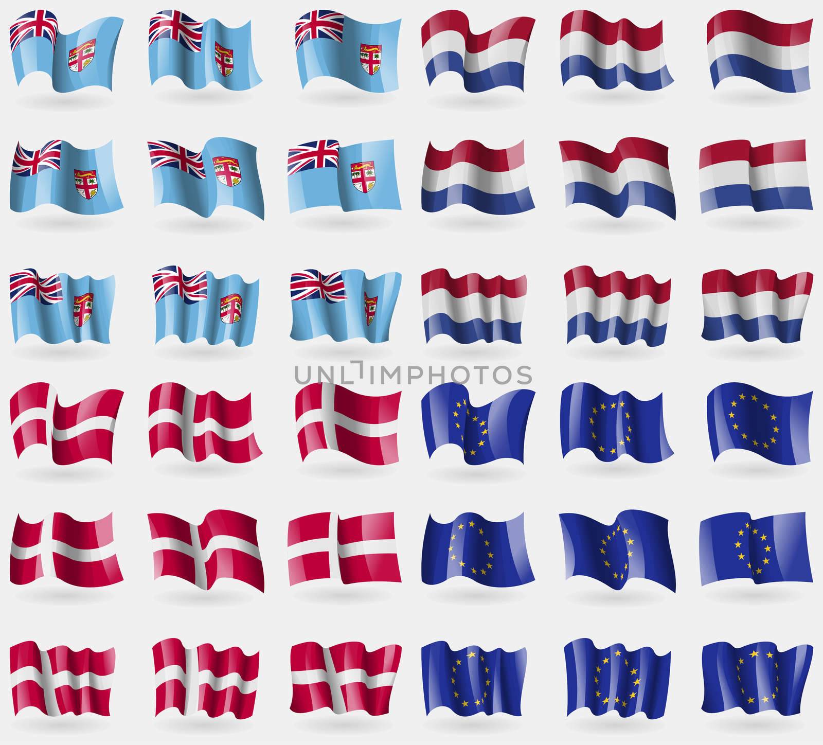 Fiji, Netherlands, Denmark, European Union. Set of 36 flags of the countries of the world. illustration