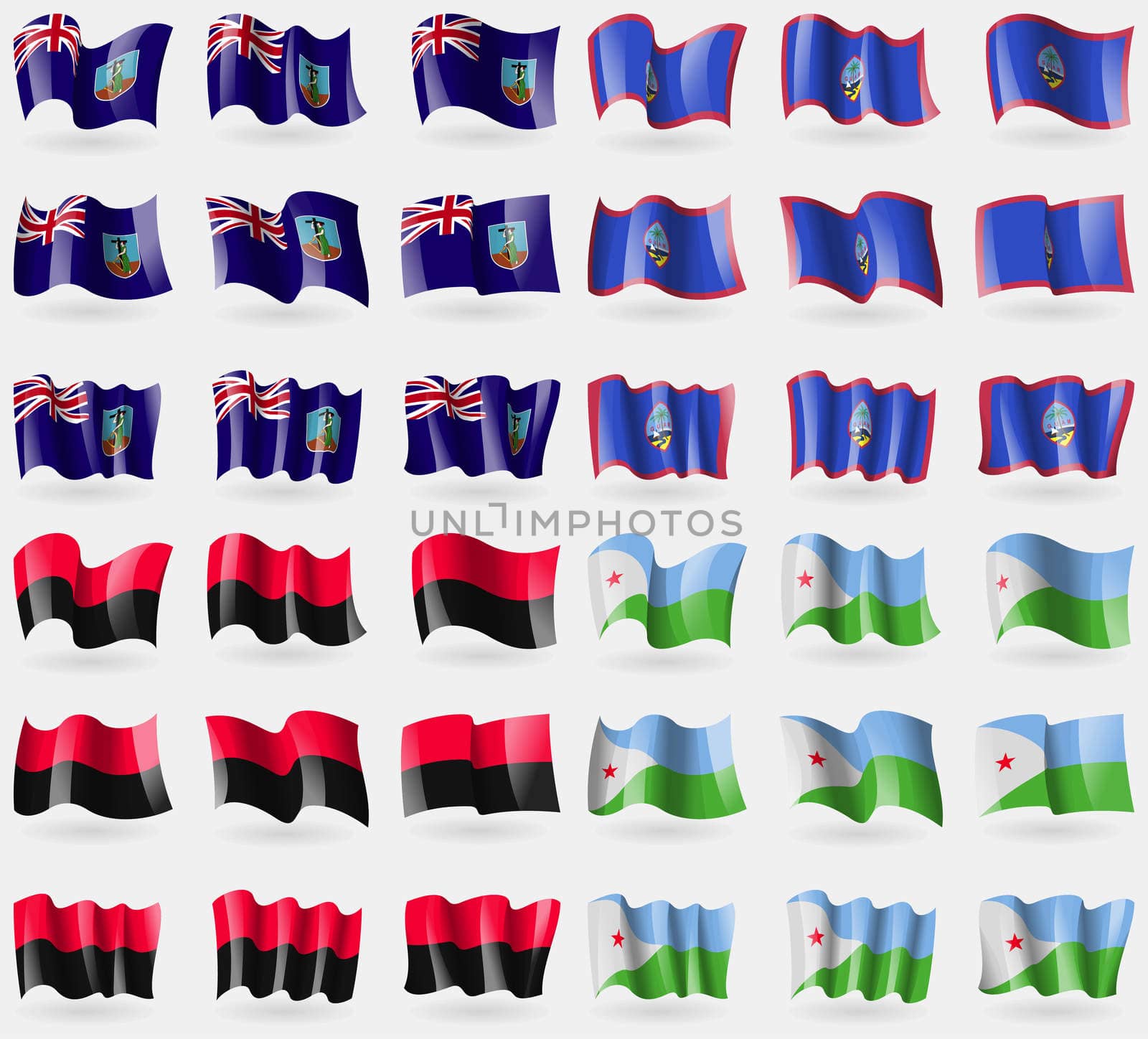 Montserrat, Guam, UPA, Djibouti. Set of 36 flags of the countries of the world. illustration