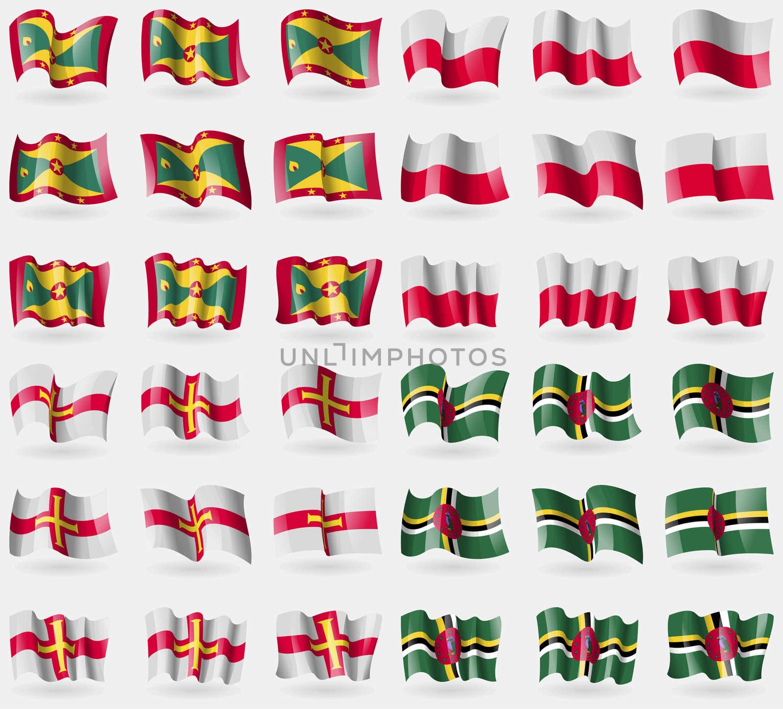 Grenada, Poland, Guernsey, Dominica. Set of 36 flags of the countries of the world.  by serhii_lohvyniuk