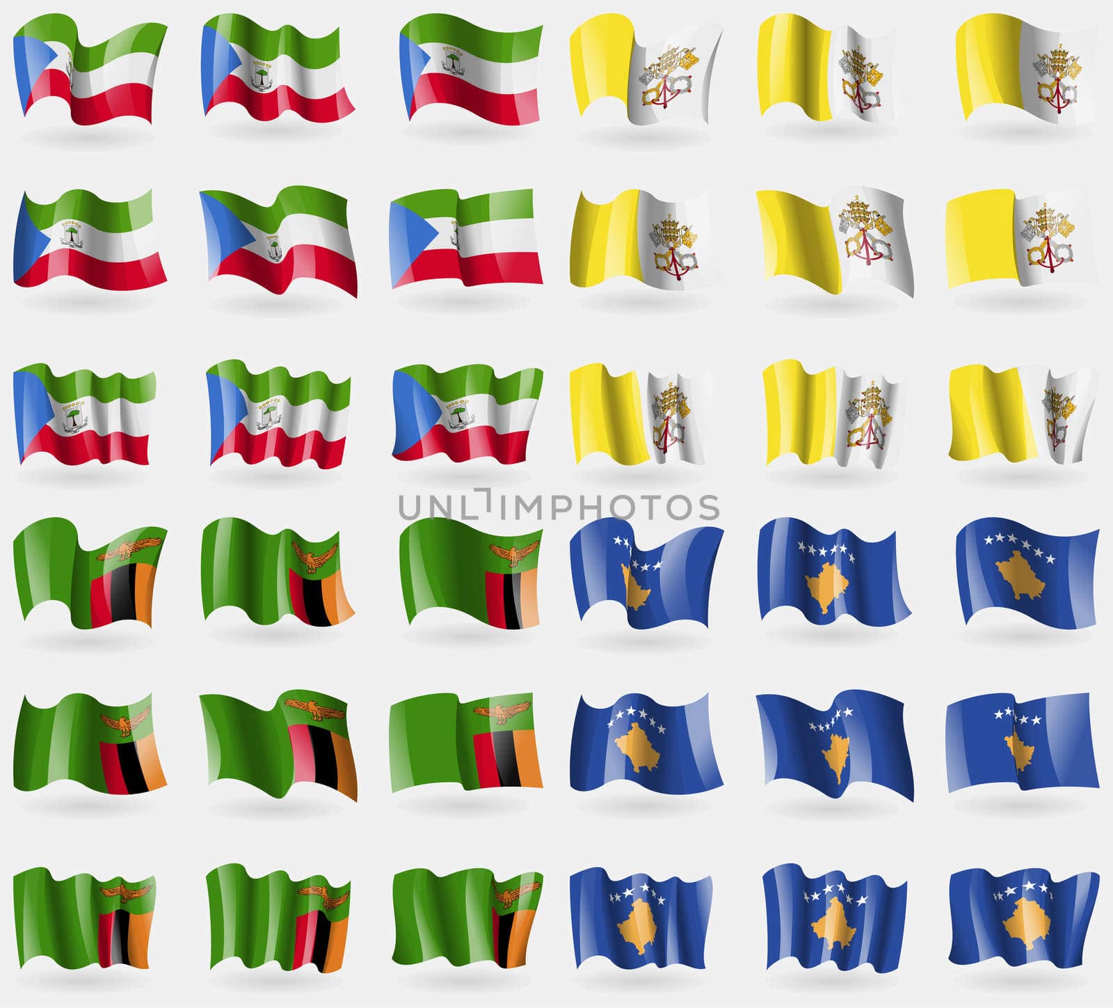 Equatorial Guinea, Vatican CityHoly See, Zambia, Kosovo. Set of 36 flags of the countries of the world. illustration