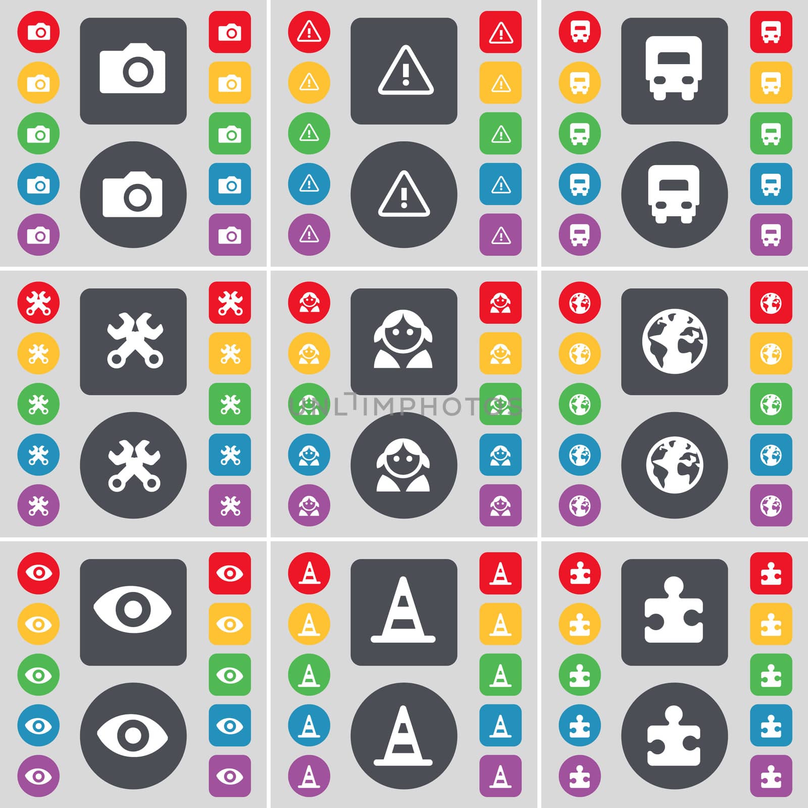 Camera, Warning, Truck, Wrenches, Avatar, Earth, Vision, Cone, Puzzle icon symbol. A large set of flat, colored buttons for your design. illustration