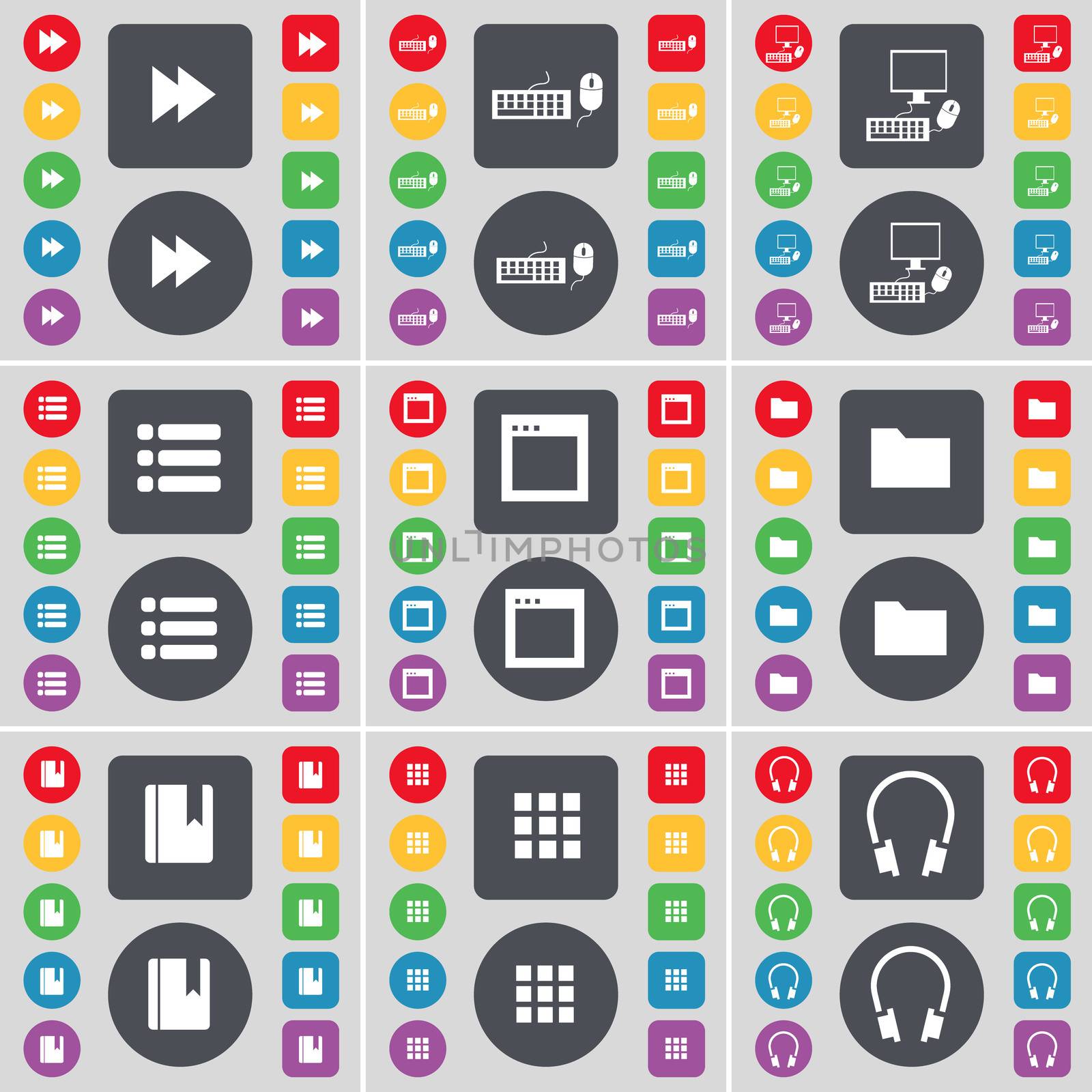 Rewind, Keyboard, PC, List, Window, Folder, Dictionary, Apps, Headphones icon symbol. A large set of flat, colored buttons for your design. illustration