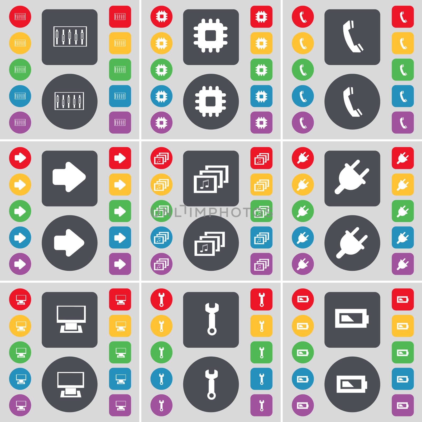 Equalizer, Processor, Receiver, Arrow right, Gallery, Socket, Monitor, Wrench, Battery icon symbol. A large set of flat, colored buttons for your design.  by serhii_lohvyniuk