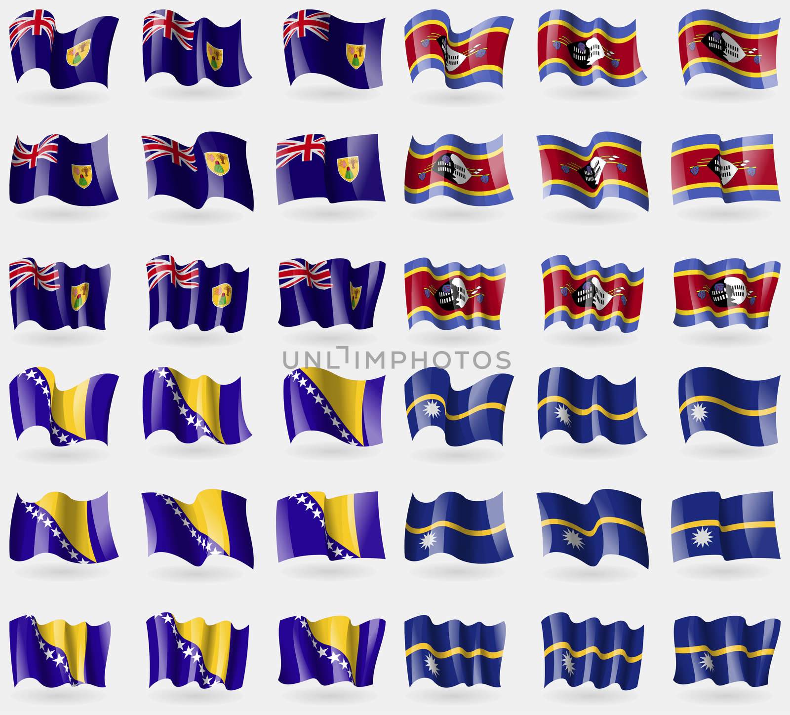 Turks and Caicos, Swaziland, Bosnia and Herzegovina, Nauru. Set of 36 flags of the countries of the world.  by serhii_lohvyniuk