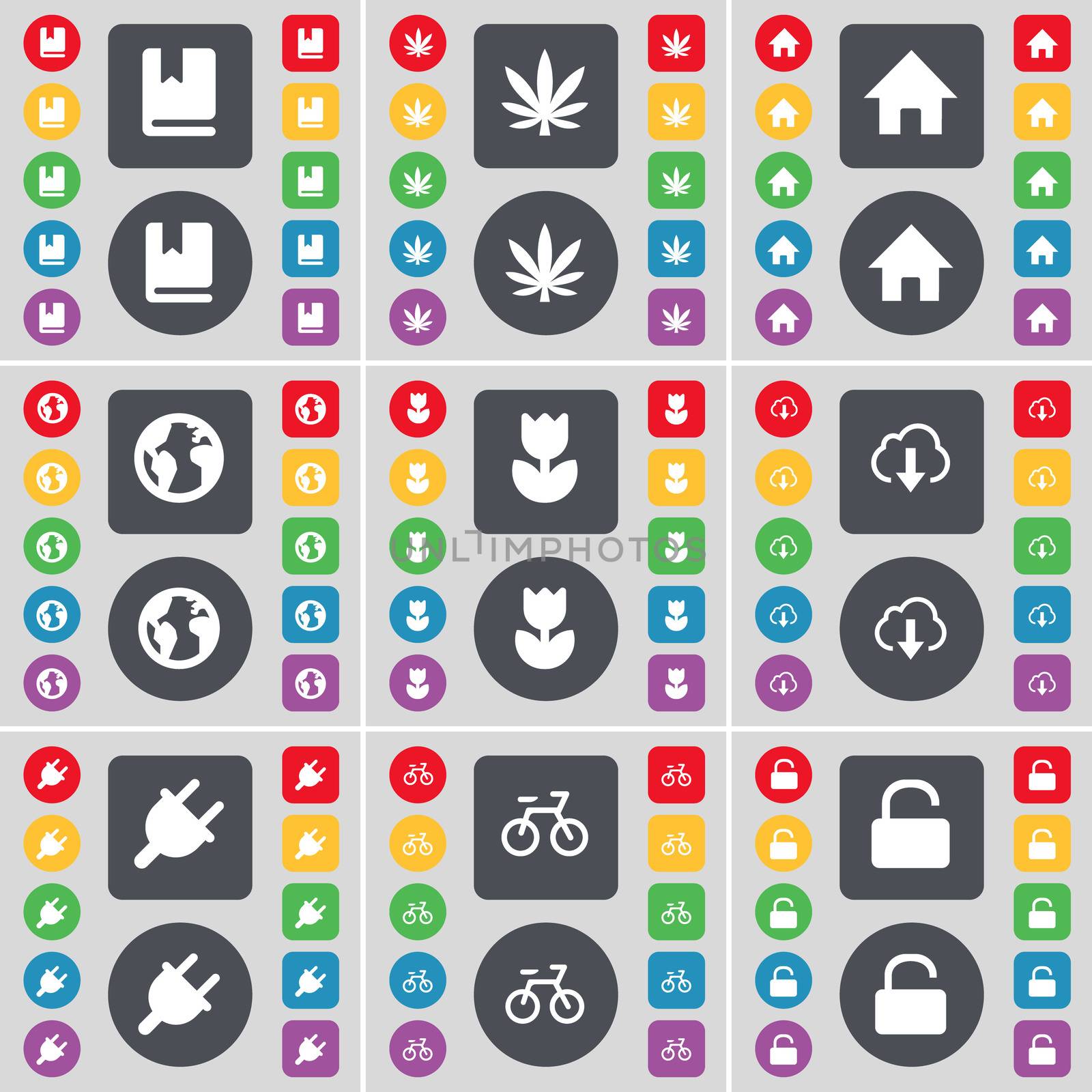 Dictionary, Marijuana, House, Earth, Folder, Cloud, Socket, Bicycle, Lock icon symbol. A large set of flat, colored buttons for your design. illustration
