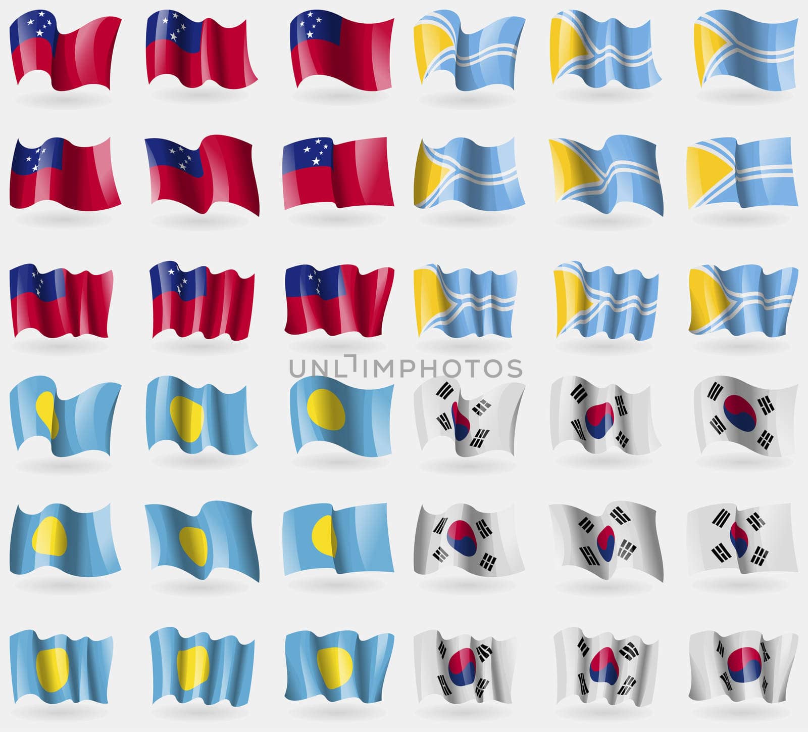 Samoa, Tuva, Palau, Korea South. Set of 36 flags of the countries of the world. illustration