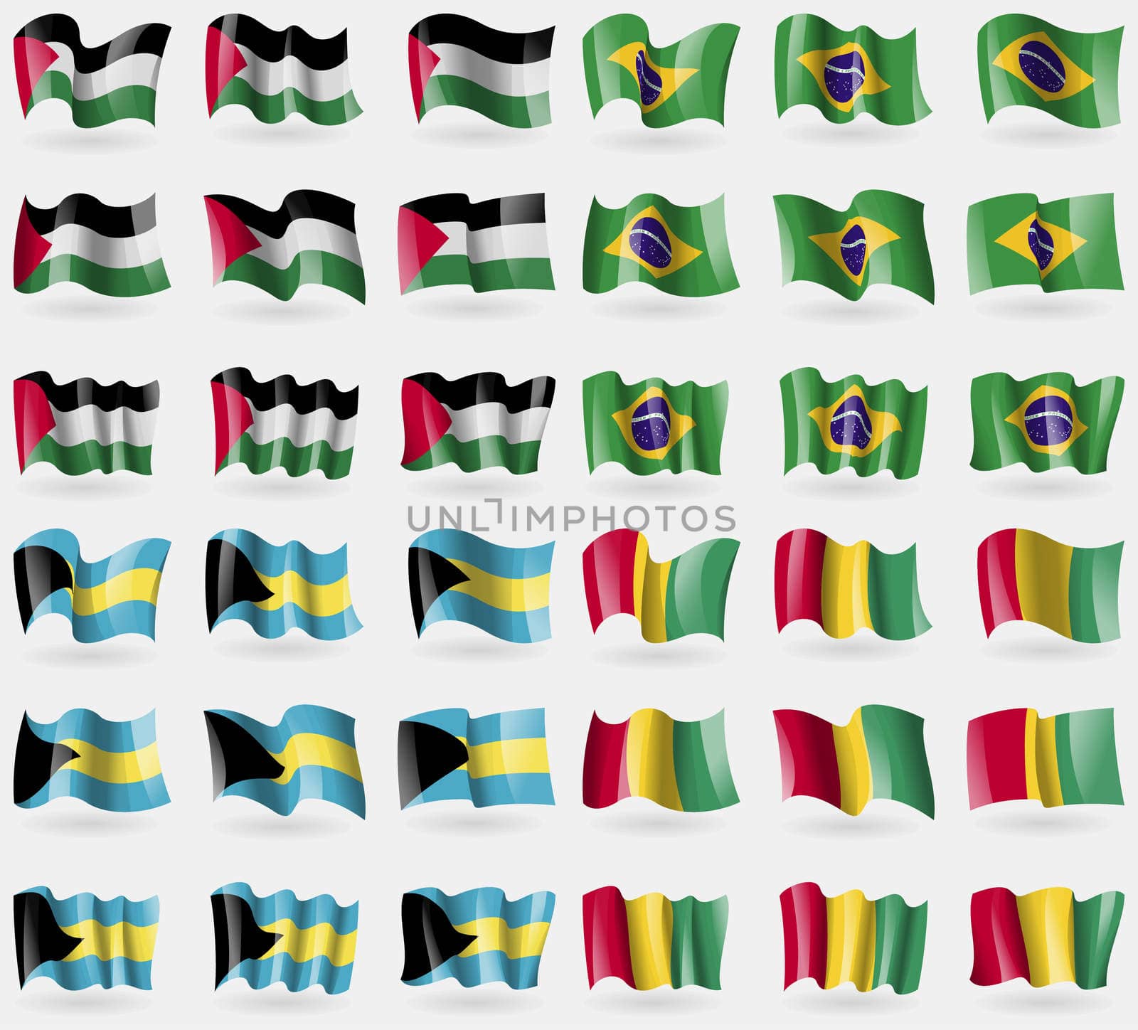 Palestine, Brazil, Bahamas, Guinea. Set of 36 flags of the countries of the world. illustration